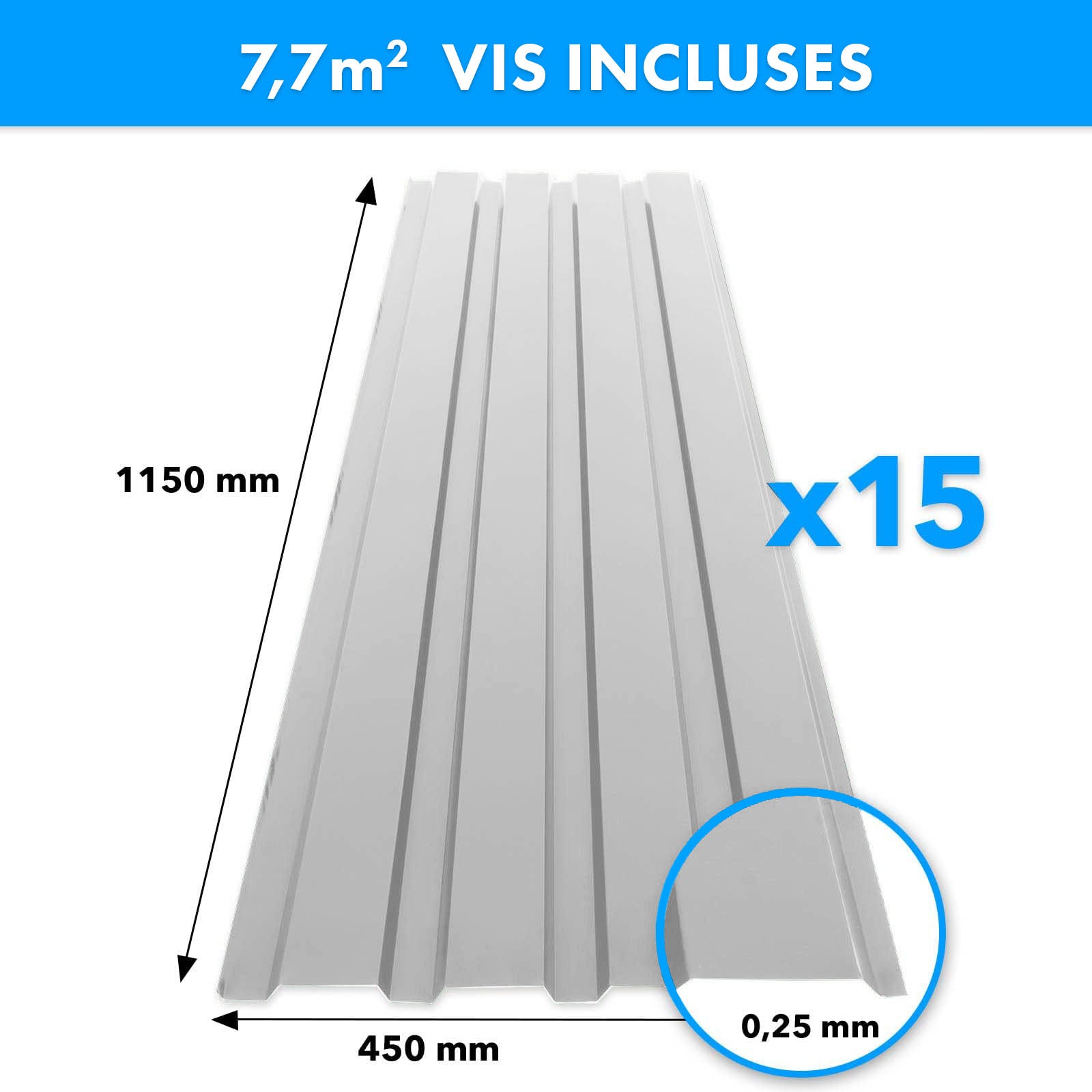 Lot de 15 tôles Couverture métallique Tôle avec vis Épaisseur : 0.25 mm, 115 x 45 cm, Gris clair - 6