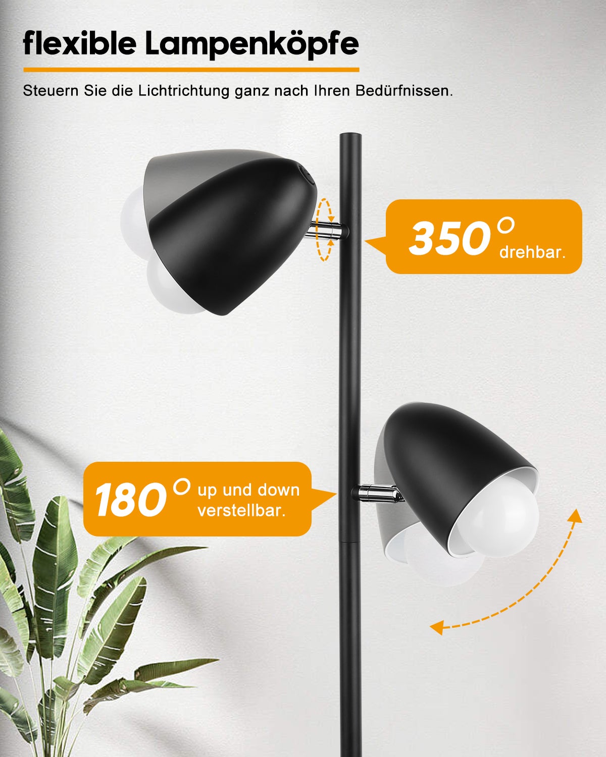 Lampadaire sur pied LED 163 cm noir, double tête réglable 350°, lampadaire salon industriel E27 max. 60W, éclairage lecture chambre bureau, LOVHAUS - 4