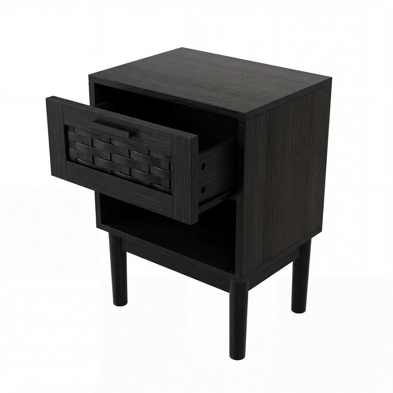 Lot de 2 Table de Chevet, Un Tiroir, Tressage en Rotin, Table de Chevet Moderne, Cadre en Bois, Noir, Table de Chevet - 8