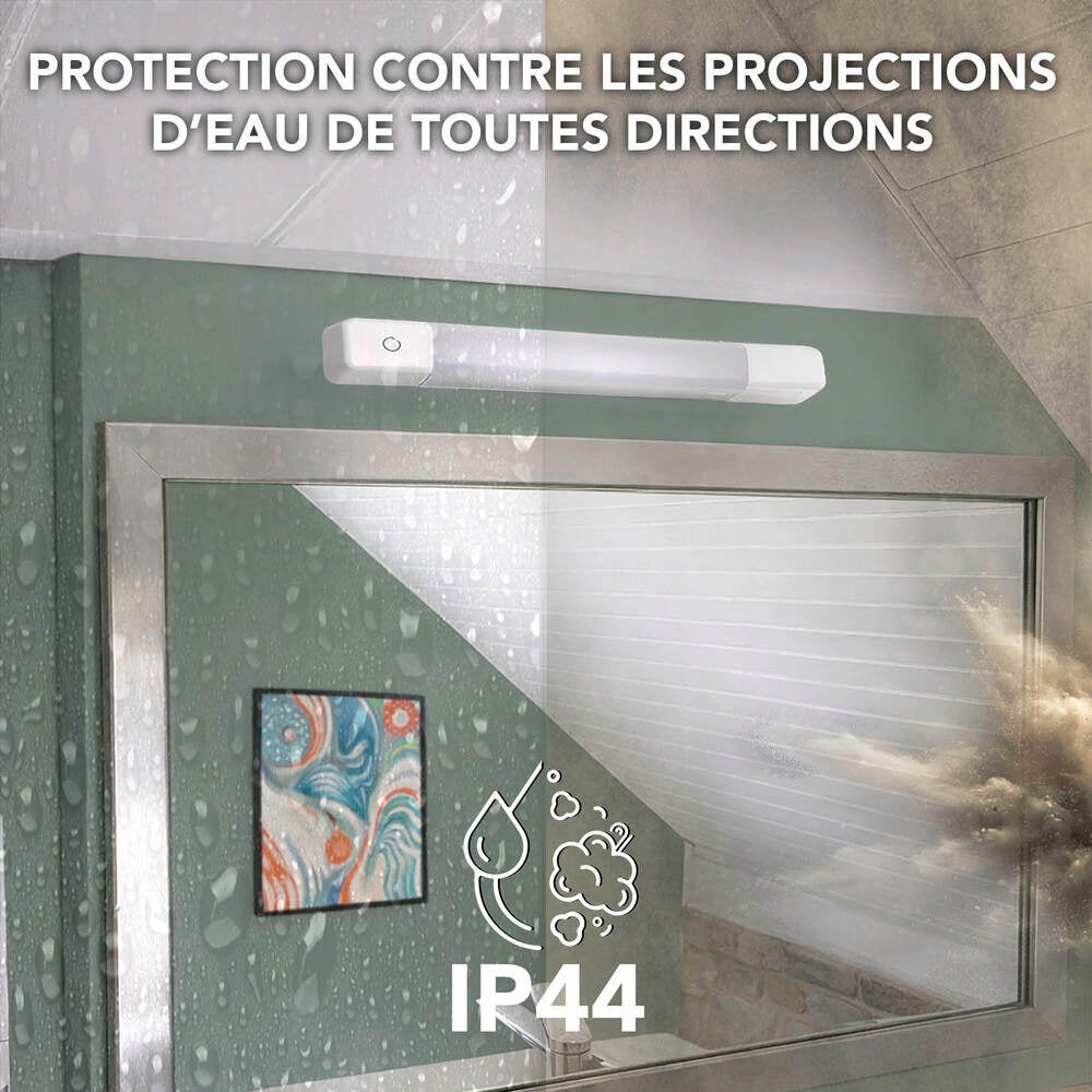 Applique miroir LED blanc + prise, 10W, 900lm, IP44, 3000 à 6500K, inter. tactile, garantie 5 ans - Tibelec - 7
