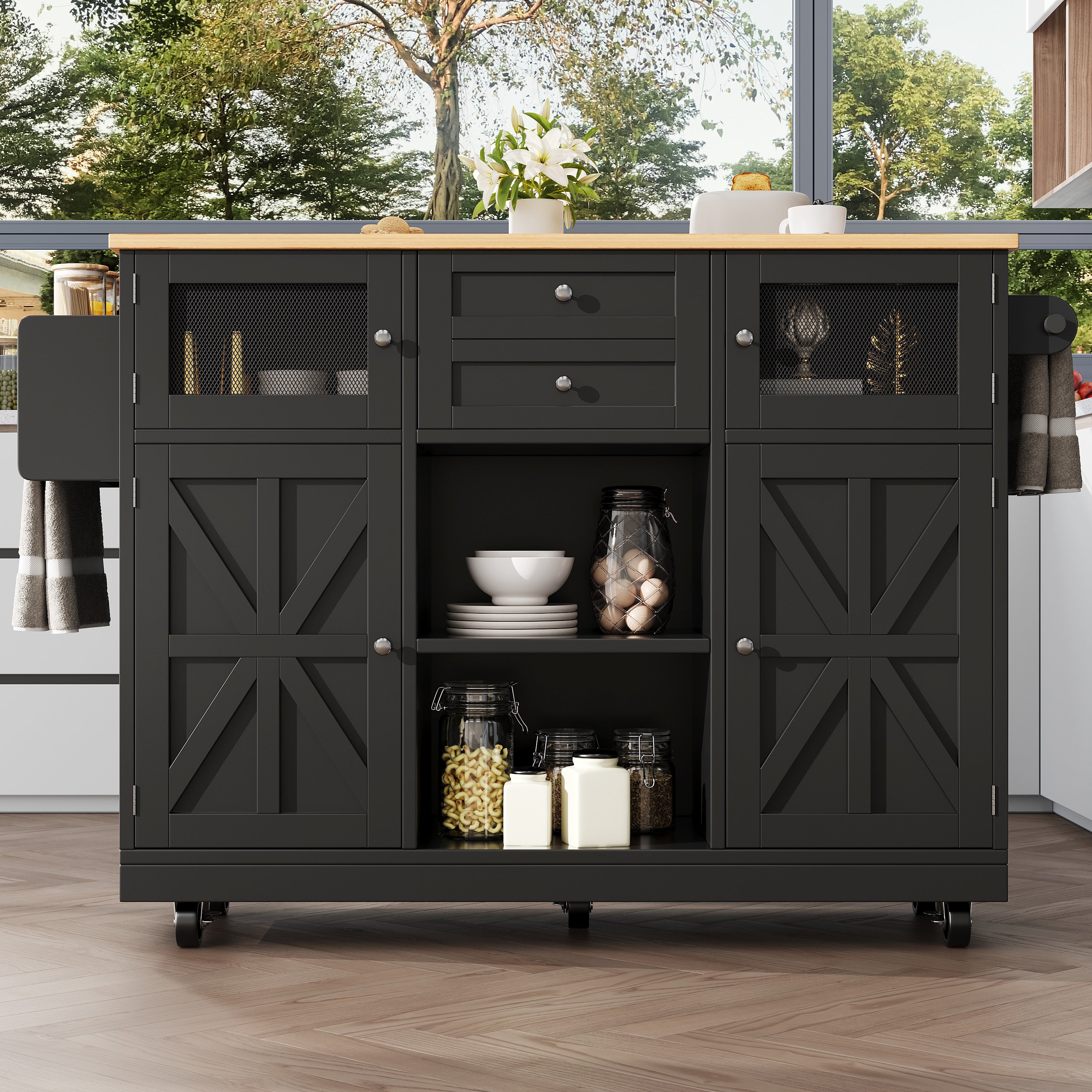 ilot Central Cuisine sur roulettes avec 2 tiroirs, Table à Manger Extensible avec porte-serviettes latéral(Noir, 140x40-70x93,5cm) - 5