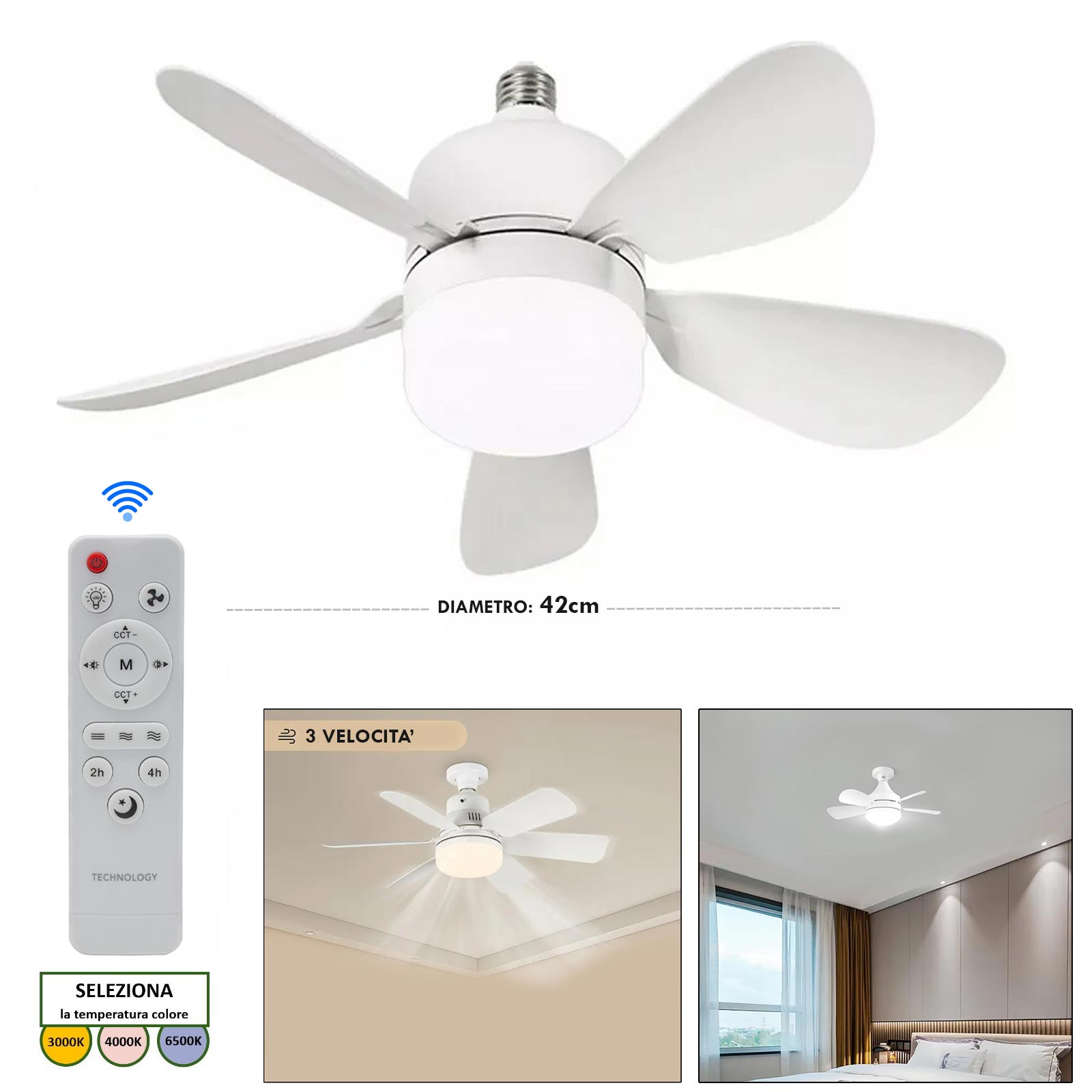 Ventilatore Da Soffitto Con Luce BESELOA E27 LED Dimmerabile - Telecomando, 30W, Bianco, 25cm
