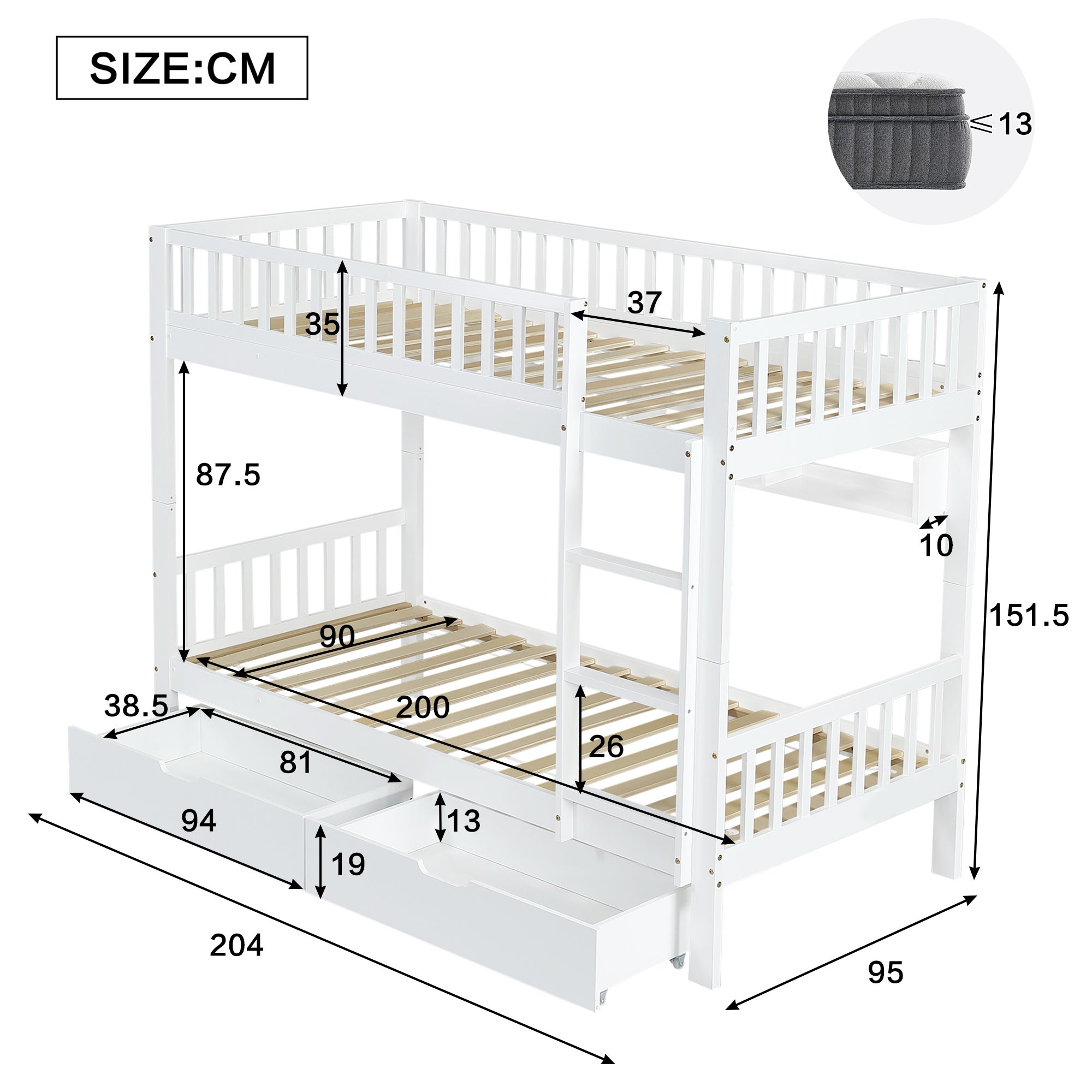 Lit superposés séparables 2 x 90 x 200 cm avec 2 tiroirs et étagères - Pin et MDF - Blanc (sans matelas) - 8