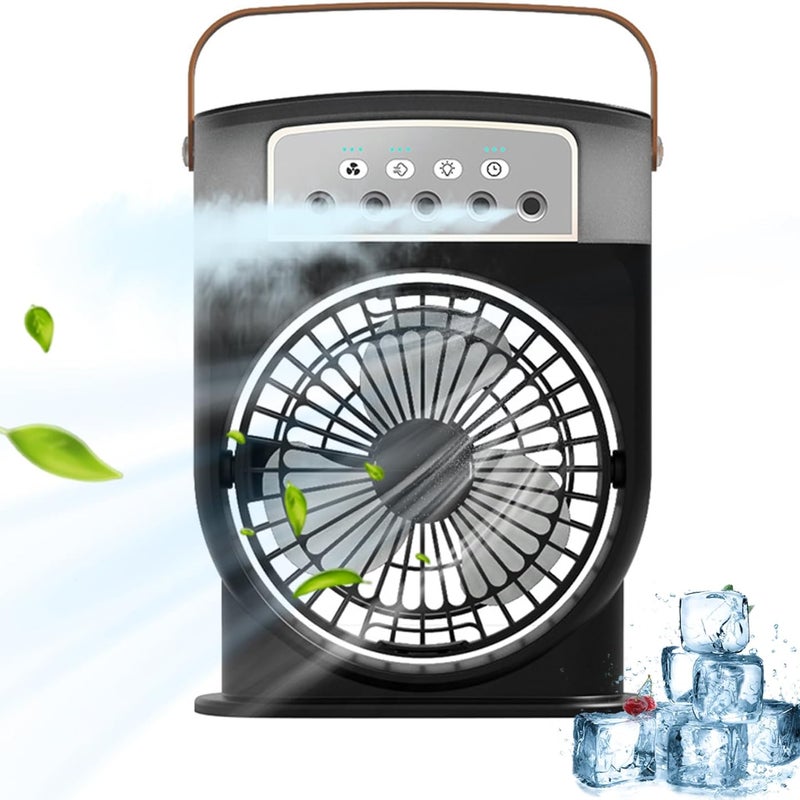 Przenośny klimatyzator powietrza, wentylator parowy z 3 wentylatorami, miniaturowy wentylator stołowy z generatorem mgły i lampką nocną, czarny