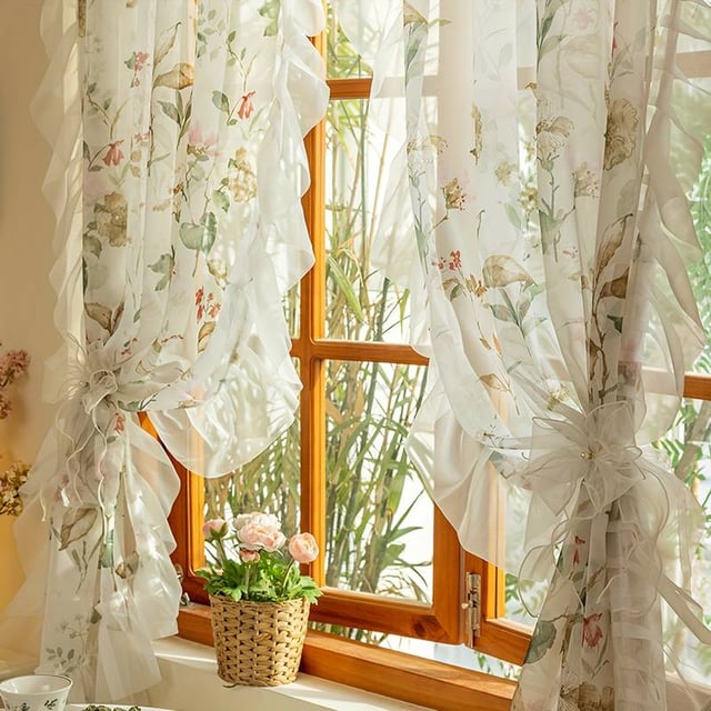 Rideaux vintage transparents à motif floral camélia - Filtration lumineuse pour salon et chambre, 100% polyester