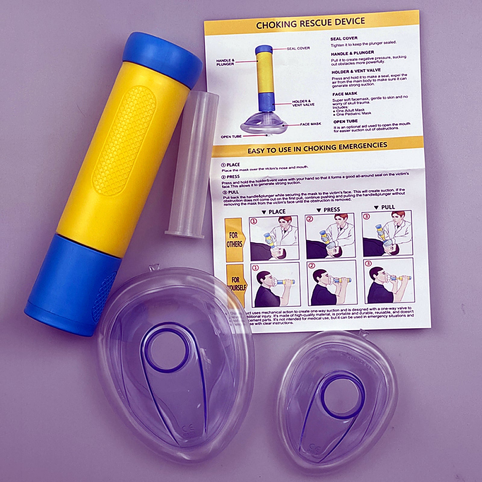 Dispositif de premiers secours à aspiration manuelle avec poignée ergonomique, 2 masques souples et tube d’ouverture - 7