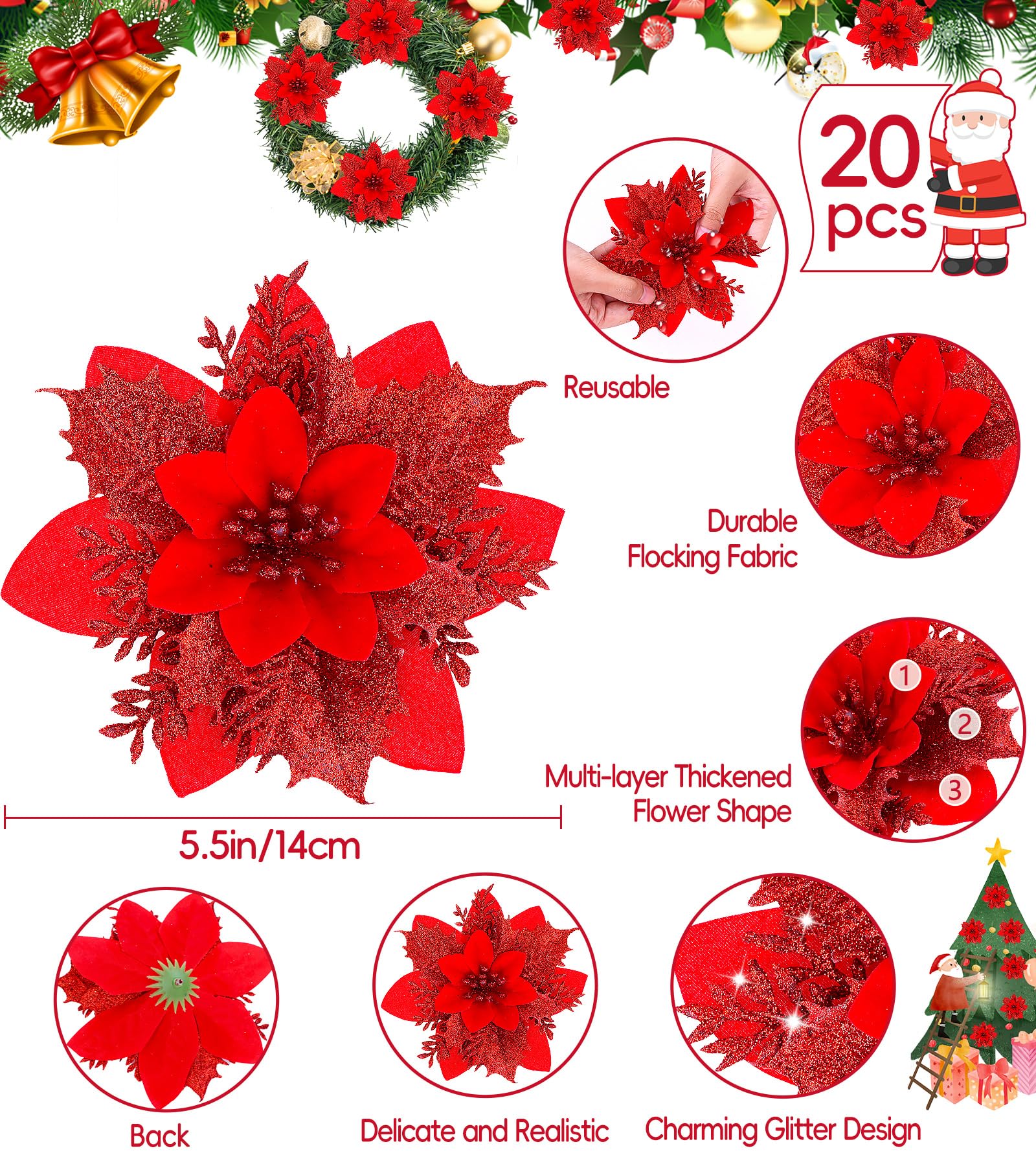 20 pièces fleurs de noël artificielles avec clips, décorations de noël, guirlande d'arbre de noël scintillante pendentifs de fleurs artificielles - 4