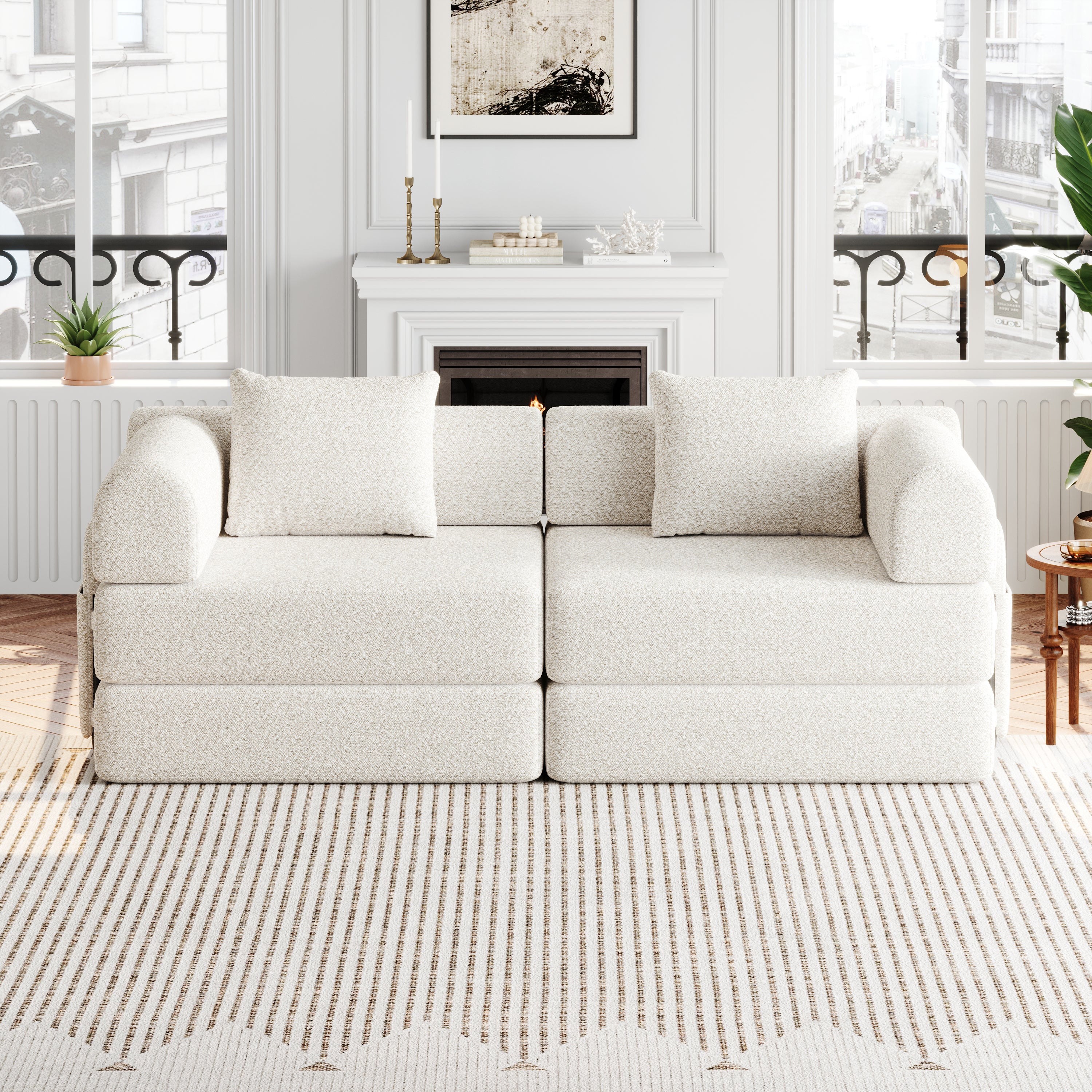 Canapé convertible 2-en-1, 2 places, design breveté, rangement accoudoir, 3 cadres métal, configurations multiples, chenille, Beige, 183x91x70 cm - 2