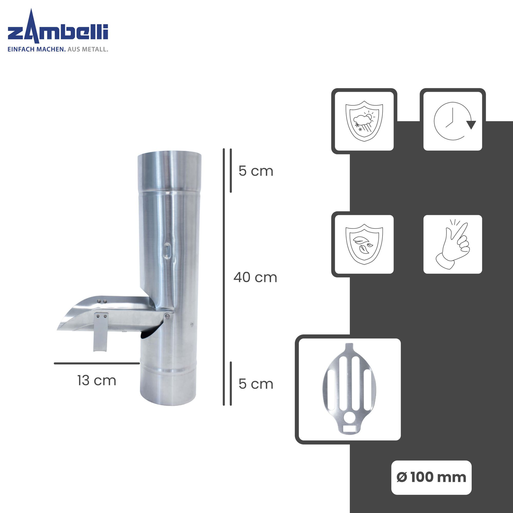 Clapet pour descente d'eau pluviale Ø100 mm avec crépine anti-feuilles, finition argentée en zinc titane, montage sans soudure - ZAMBELLI - 2