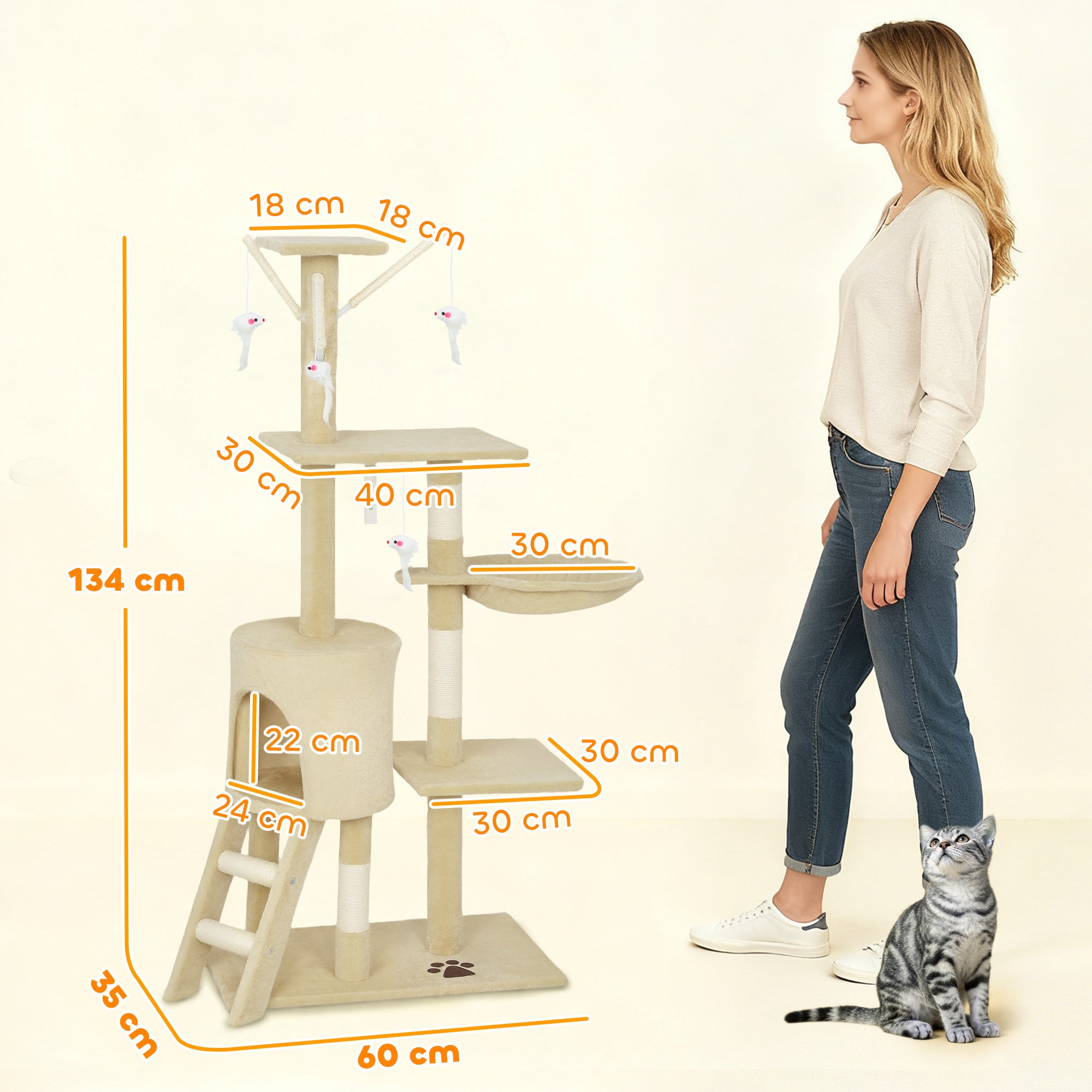 Arranhador Torre para Gatos 134cm com Caverna e Plataformas Bege 60x35x134cm - 2