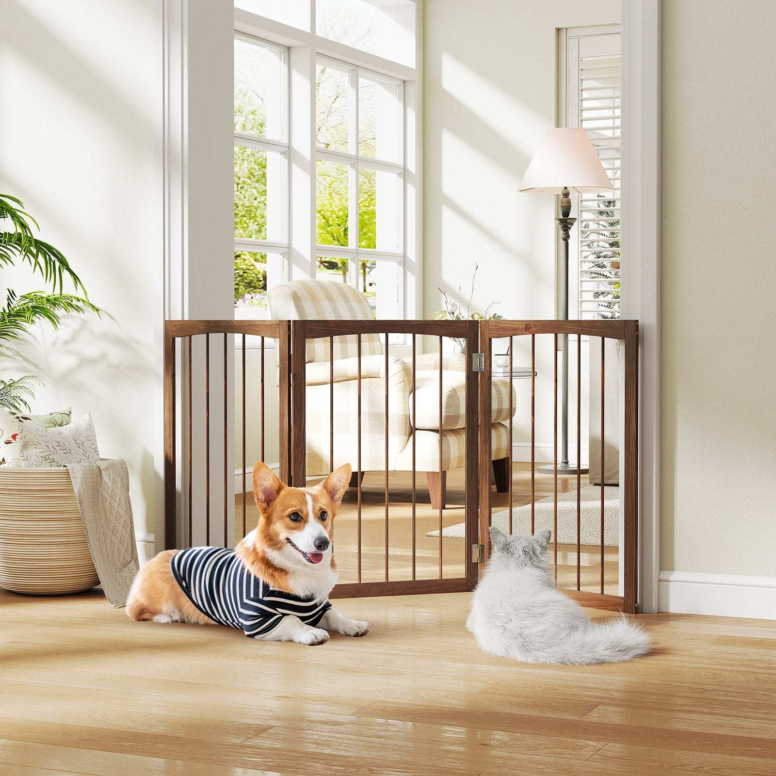 Barreira de segurança para cães, barreira dobrável para cães com 3 painéis, estrutura em madeira de abeto, dobradiças flexíveis, para escadas e salas - 2