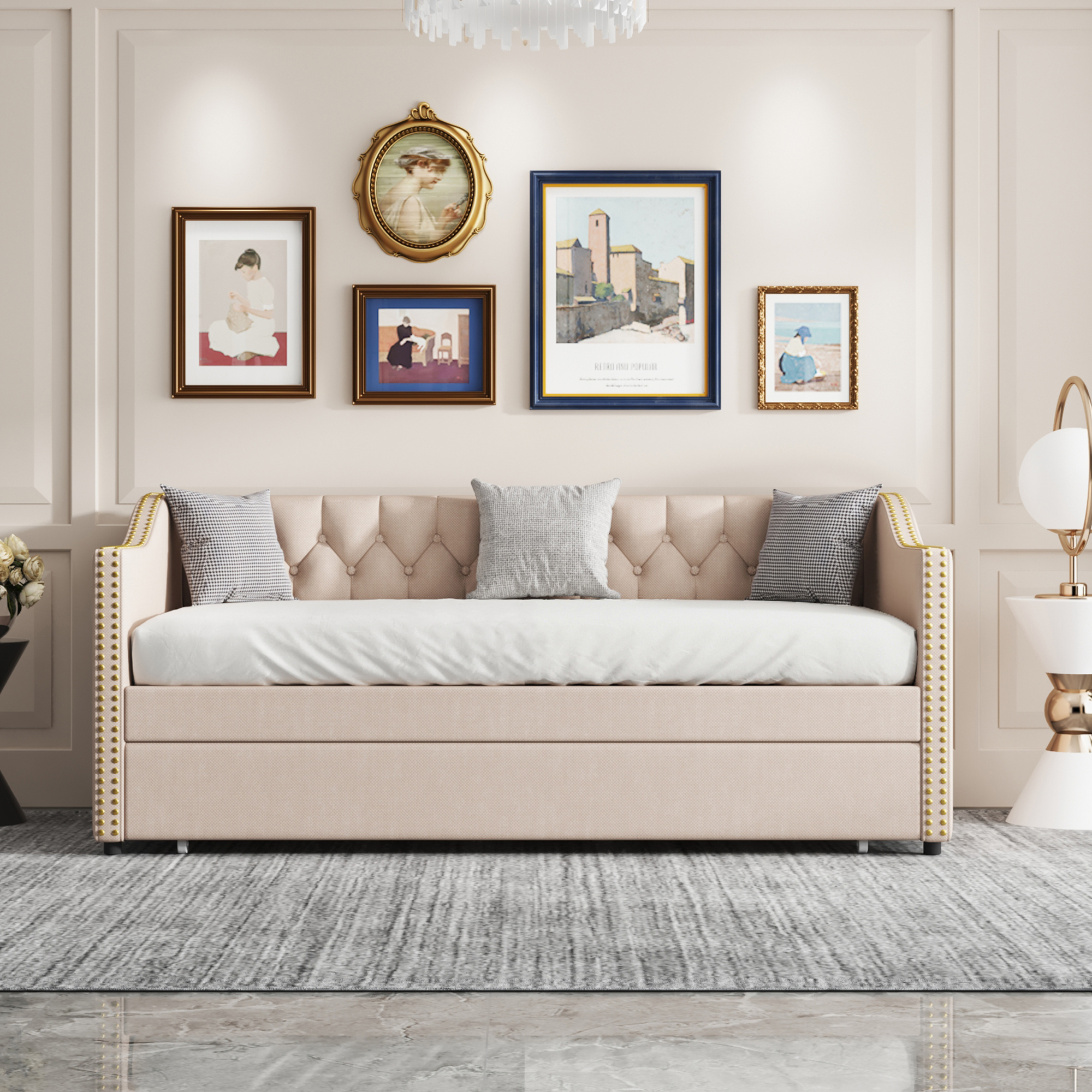 Letto estraibile 90 x 200 cm per bambini - velluto - stile contemporaneo - colore beige
