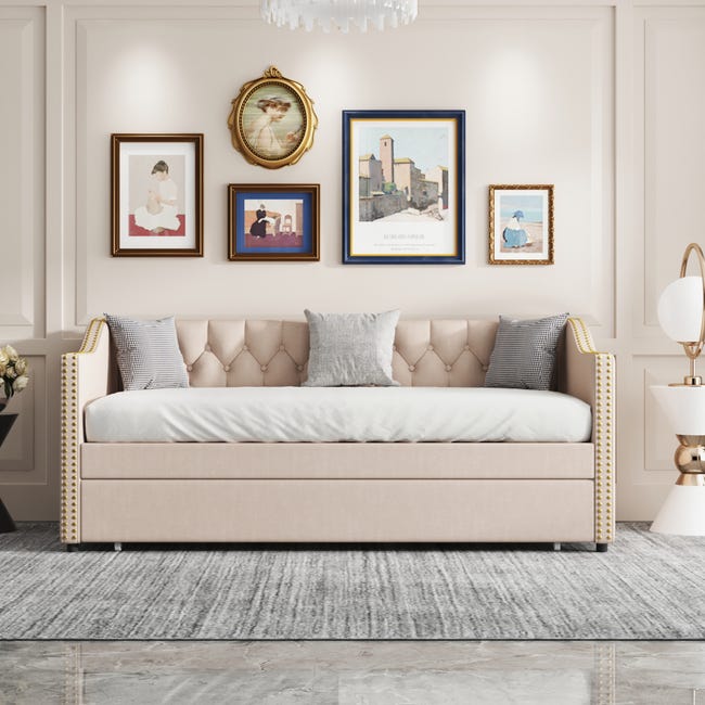 Letto estraibile 90 x 200 cm per bambini - velluto - stile contemporaneo - colore beige Letto estraibile 90 x 200 cm per bambini - velluto - stile contemporaneo - colore beige