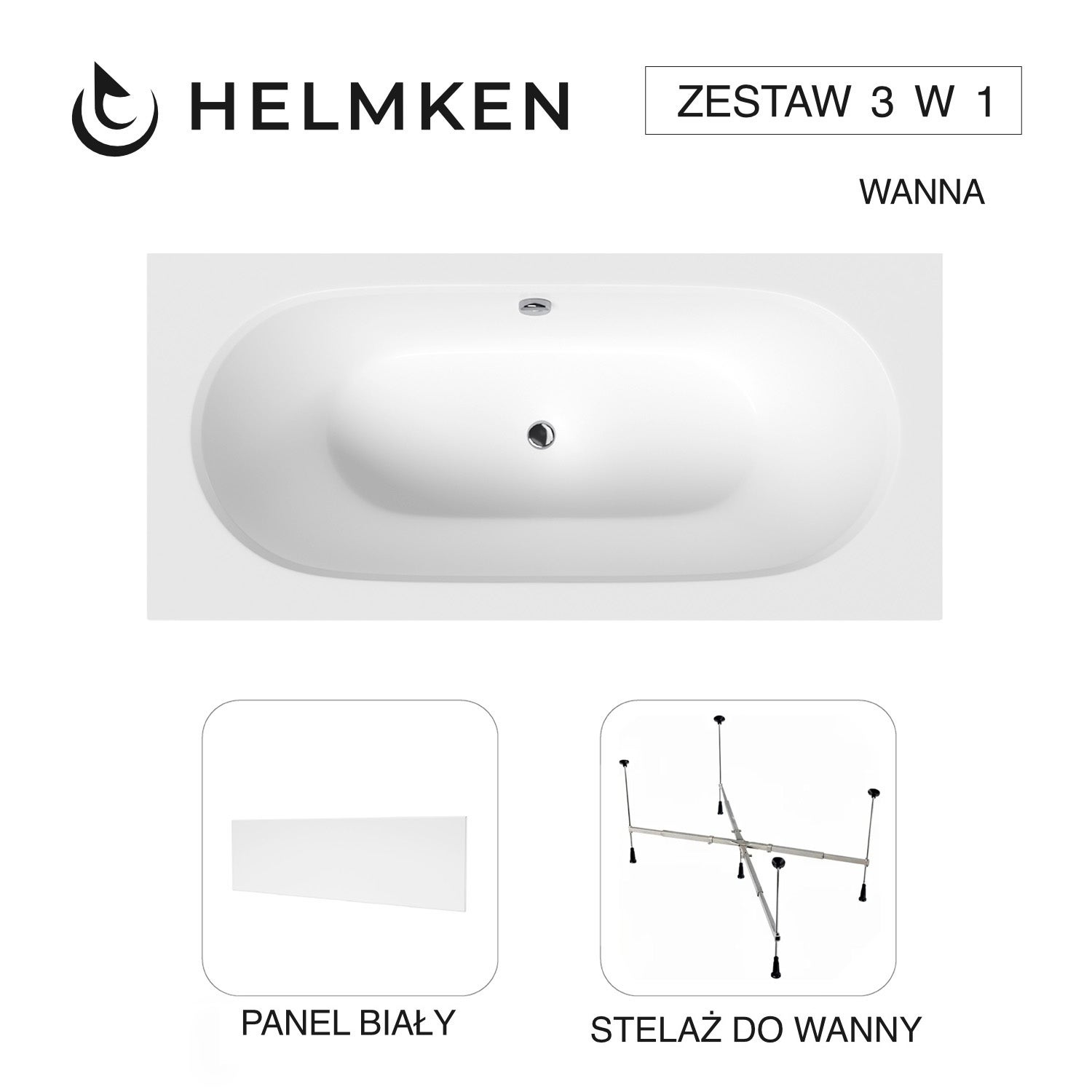 Wanna akrylowa Helmken Vienna 180 х 80 + Panel Biały + Stelaż uniwersalny do wanien Helmken 21230020 / 23099004-3S