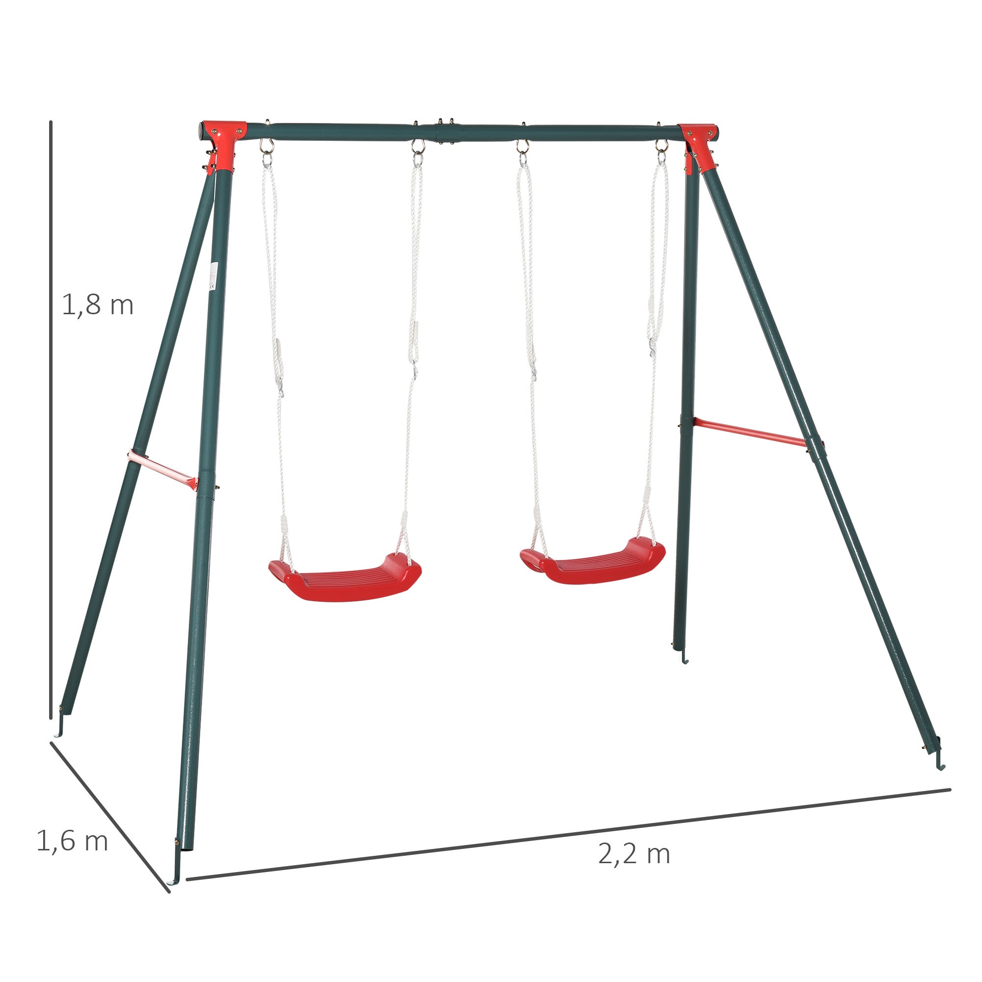 Baloiço Infantil Duplo Outsunny Verde e Vermelho Aço e PE 220x160x180cm - 3