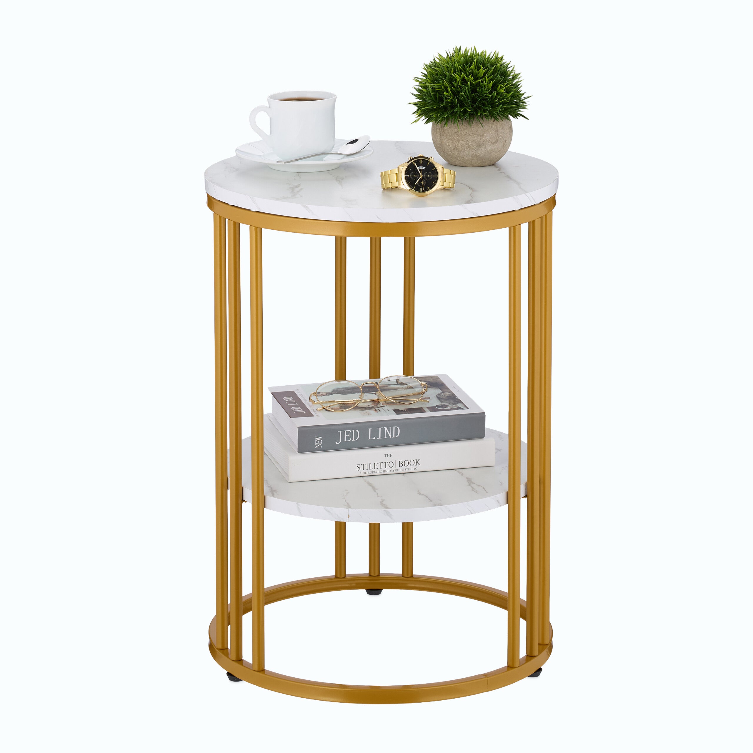 Table D’Appoint Ronde Relaxdays Marmo - Style Marbre Blanc/Doré, Bout De Canapé Élégant Pour Salon, HxD 51 X 41 Cm
