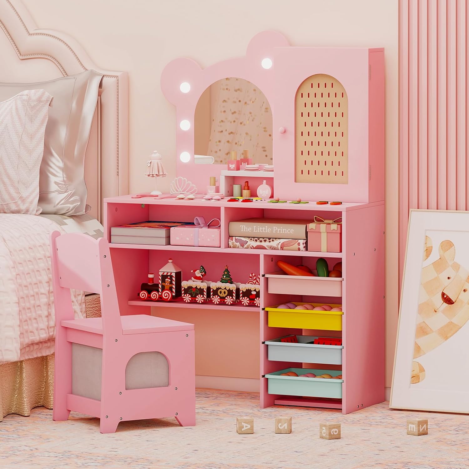 DREAMADE Table & Chaise Enfant 3+ Ans – Bureau Avec Dessus Rabattable, Rouleau Papier & Marqueurs, Bois Naturel