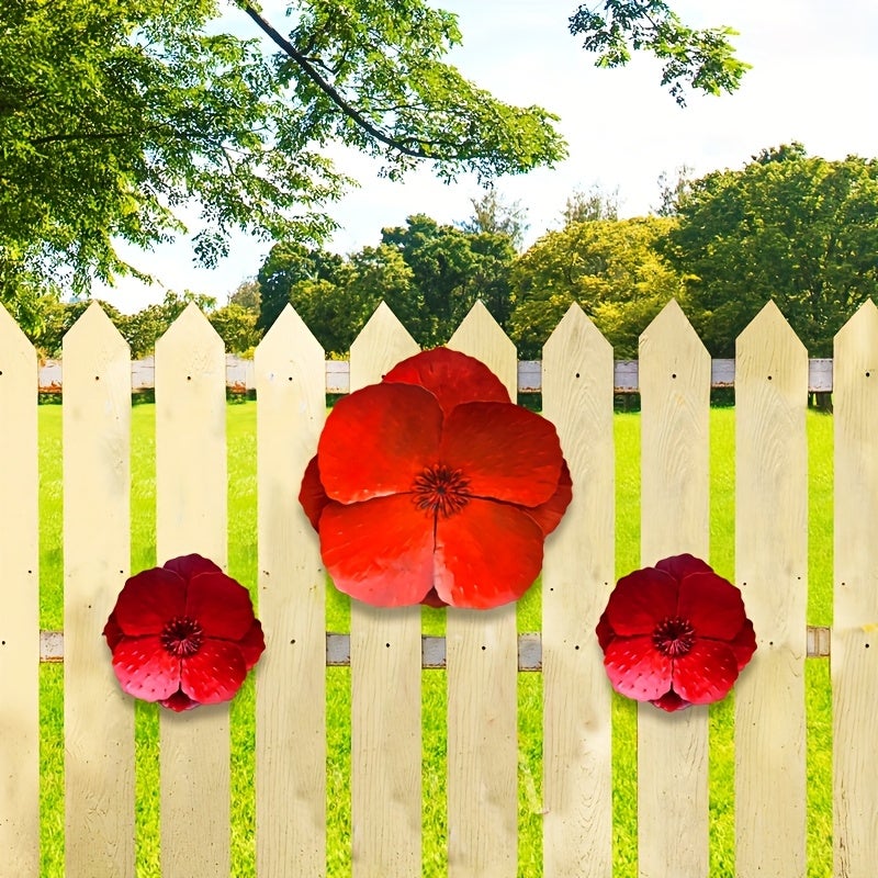 1 lot de coquelicots géants en métal rouge à suspendre au mur – Décoration murale pour clôture de jardin, 28 + 19 cm - 7