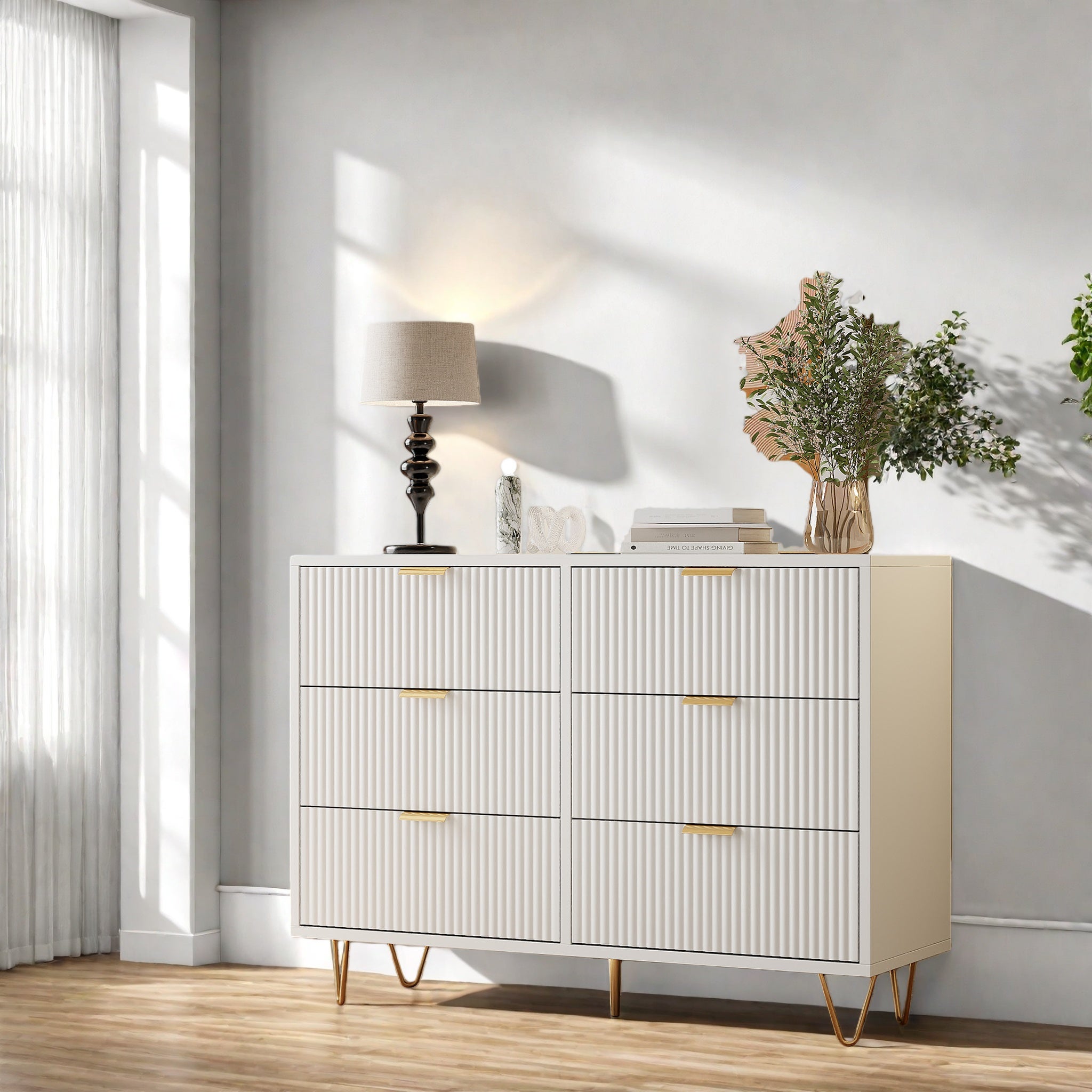 Commode Blanche 6 tiroirs, Commode Chambre Meuble de Rangement Moderne avec poignées et Pieds dorés pour Salon, Chambre, Bureau - 5