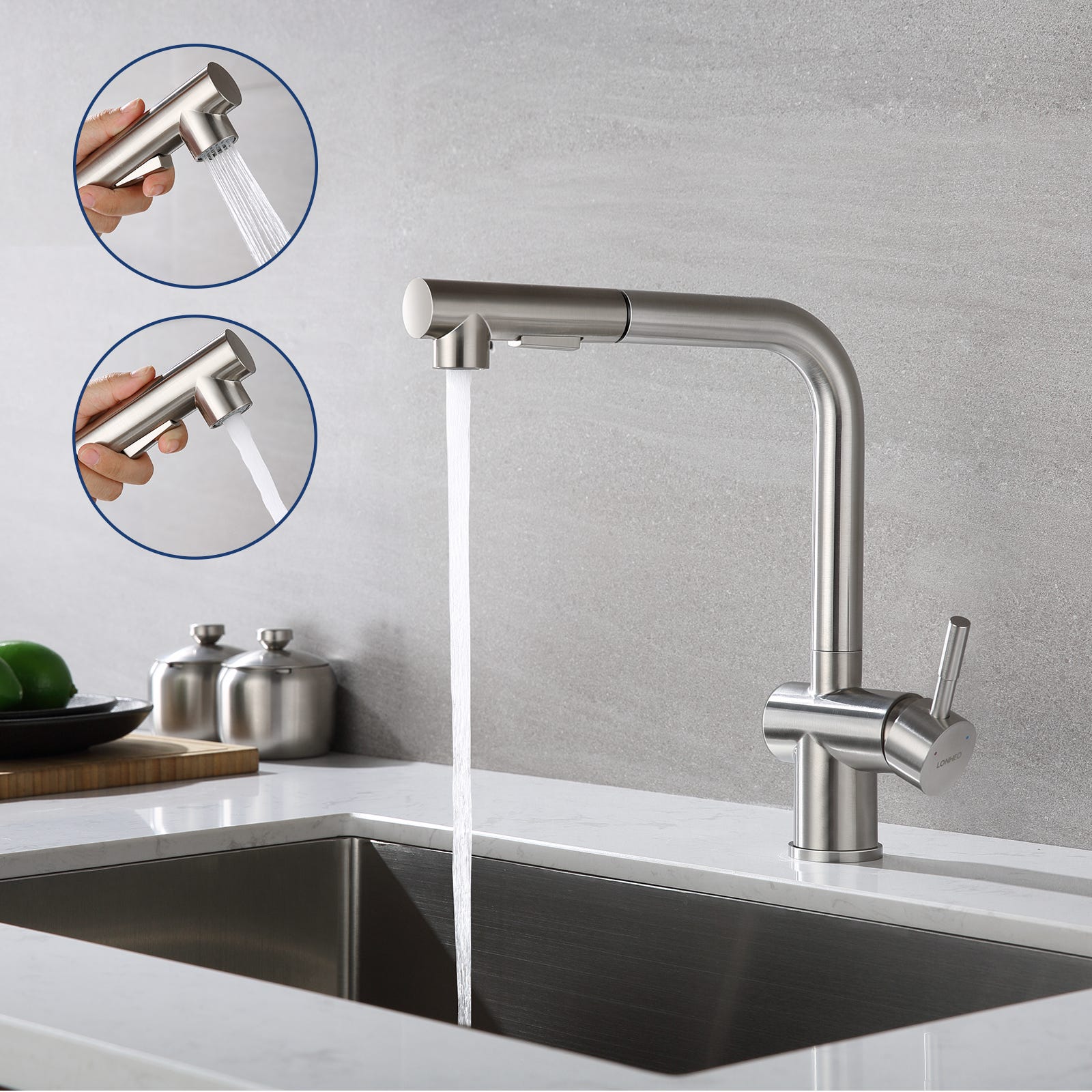 Bateria kuchenna – z wyciąganą wylewką, dwustrumieniowa – bateria zlewozmywakowa ze szczotkowanej stali, obrotowa o 360° – wyjmowany perlator