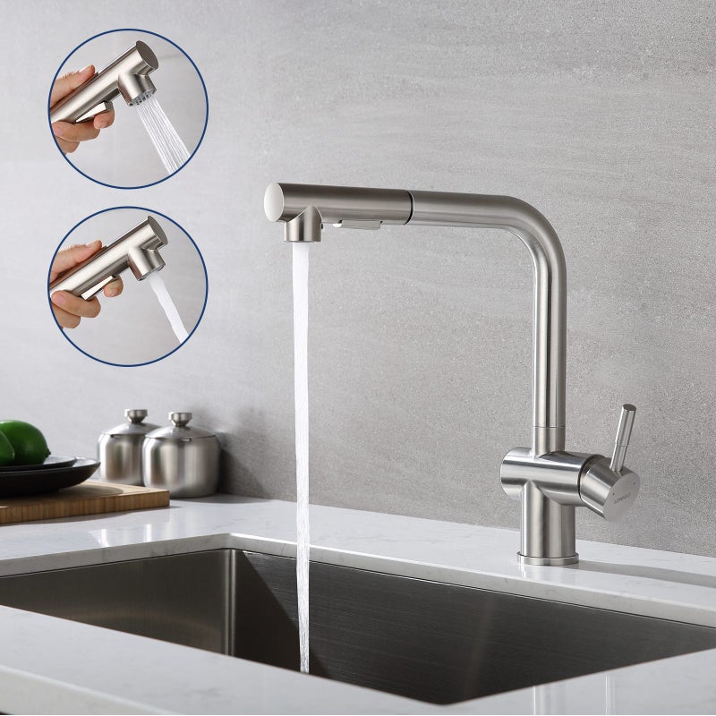 Bateria kuchenna – z wyciąganą wylewką, dwustrumieniowa – bateria zlewozmywakowa ze szczotkowanej stali, obrotowa o 360° – wyjmowany perlator