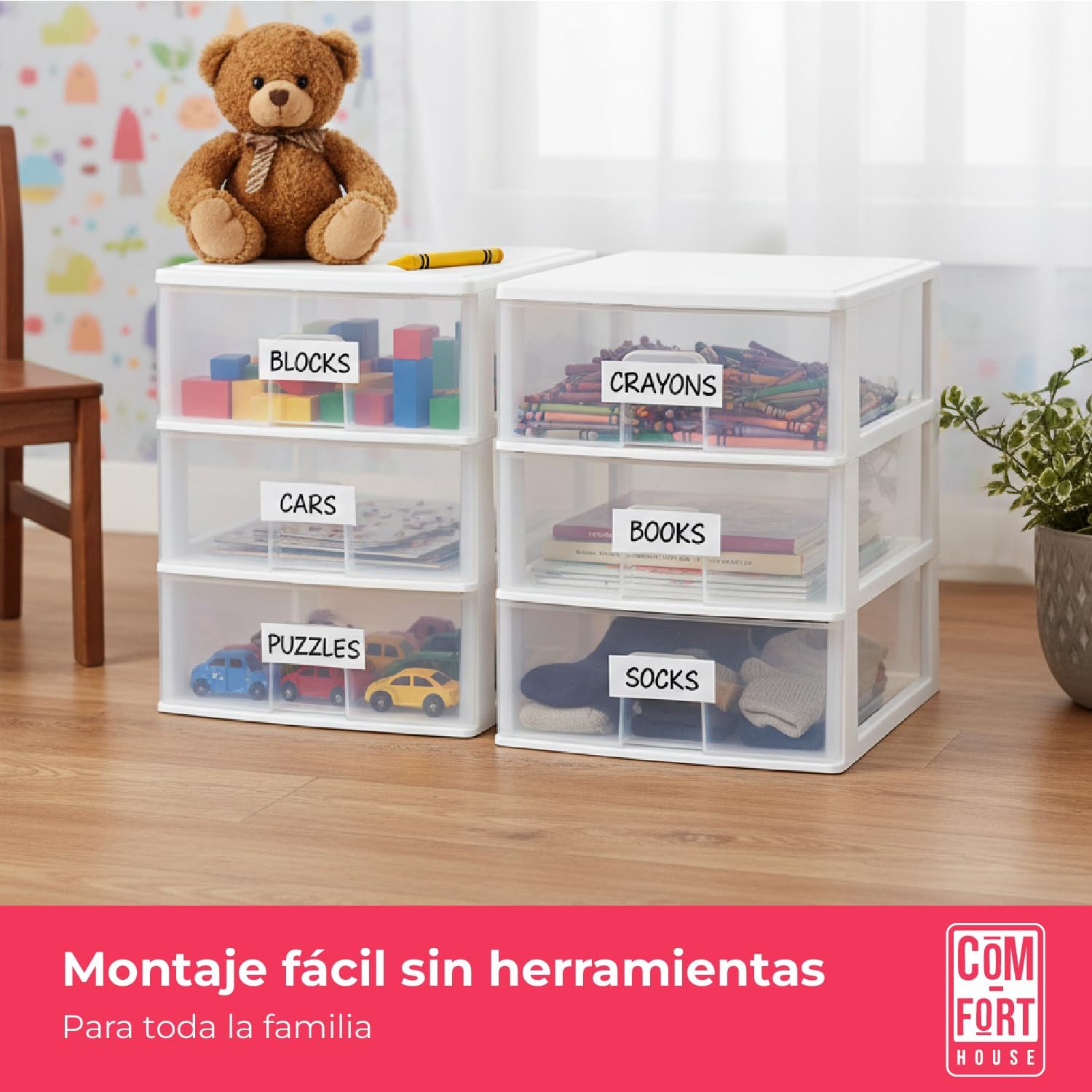 COM-FORT HOUSE | Cajonera Apilable de Plástico | Modelo Transparente | Color Blanco | Modelo de 3 Cajones | Cajones de Almacenamiento Modular - 6