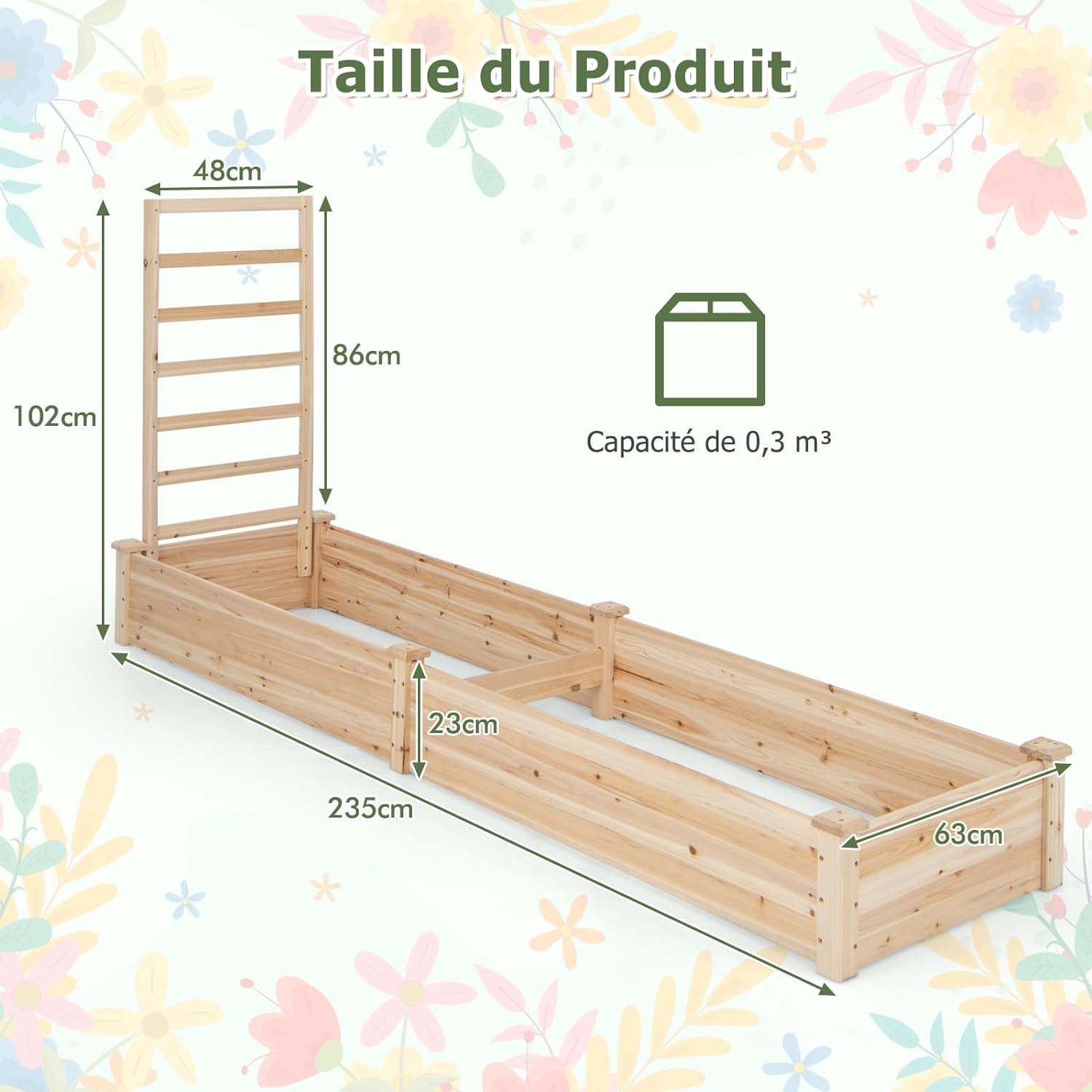 Jardinière Surélevée avec 1 Treillis, Bac à Fleurs Extérieur en Bois avec Compartiments Divisés, Assemblage DIY - 8