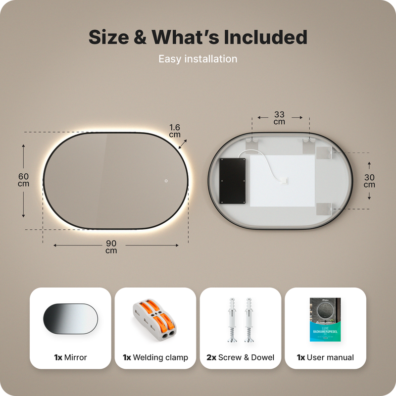Miroir de salle de bain Mirlux avec éclairage LED et chauffage - Miroir mural ovale - Miroir de douche anti-condensation - Noir - 90 x 60 cm - 7