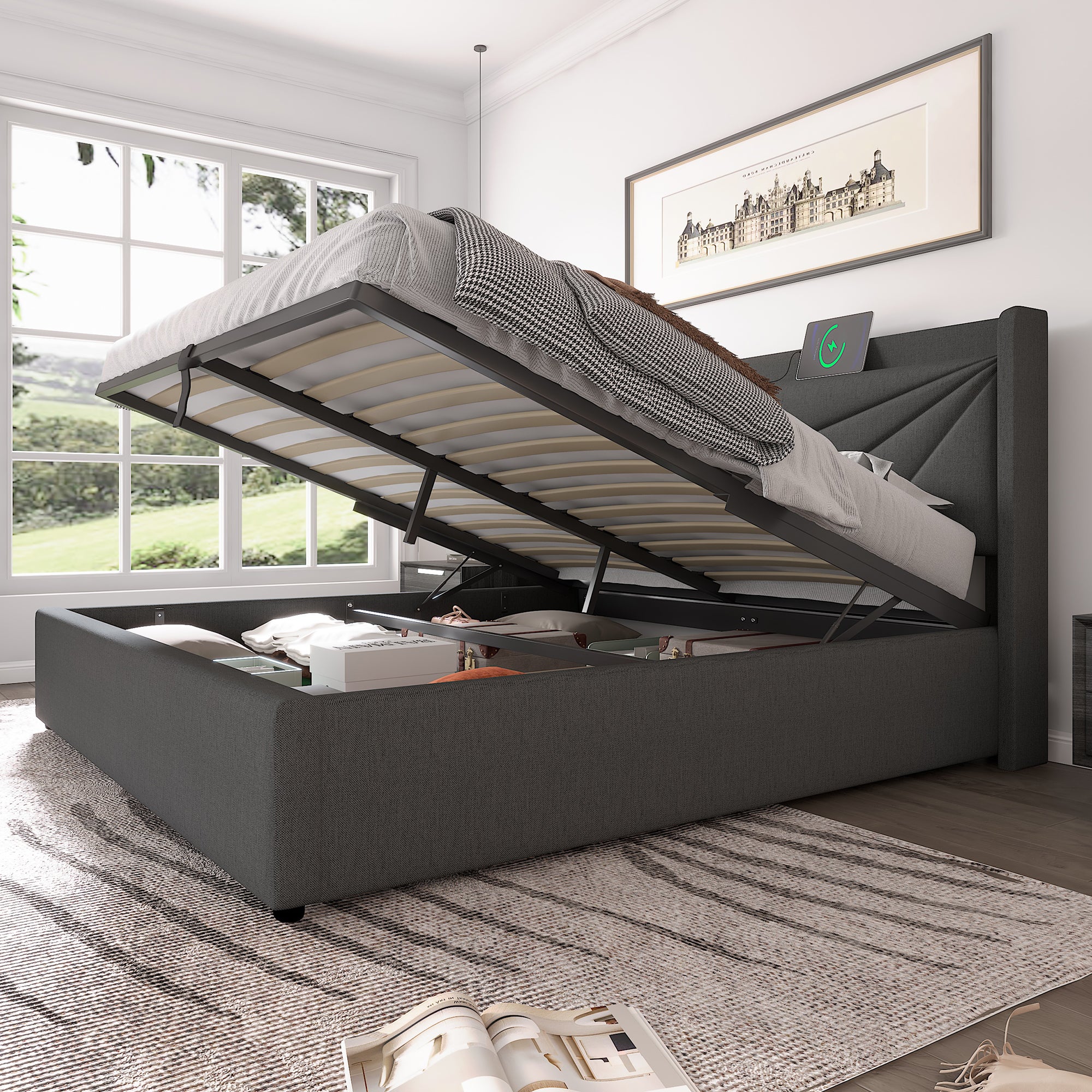 Cama contenedor 160x200 cm de tela de lino - con puerto USB y somier - Gris - 2
