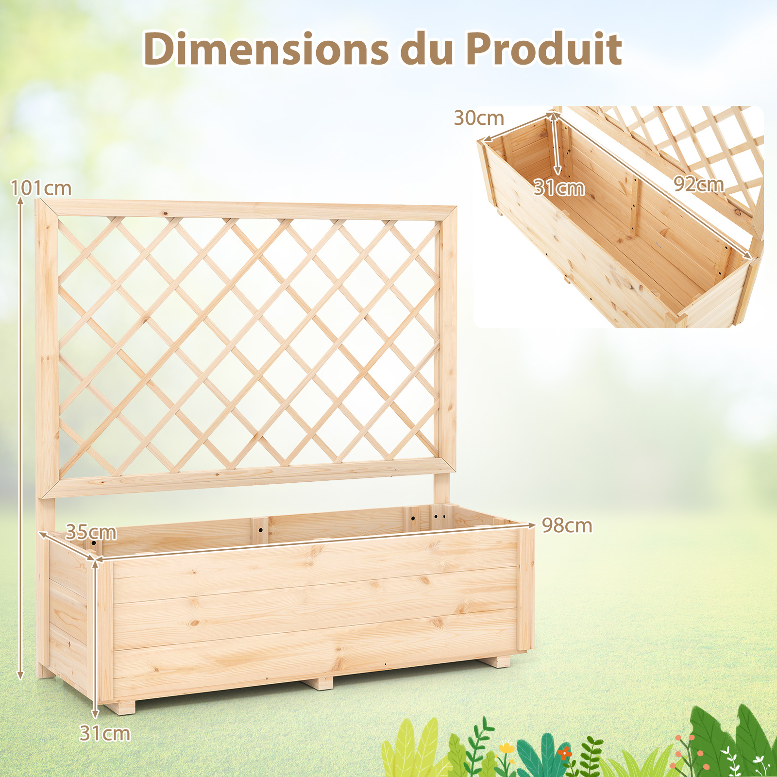 Jardinière Surélevée avec Treillis, Drainage, en Bois Massif pour Plantes Grimpantes, Fleurs, Herbes, Légumes, Fruits, 98 x 35 x 101 cm - 3