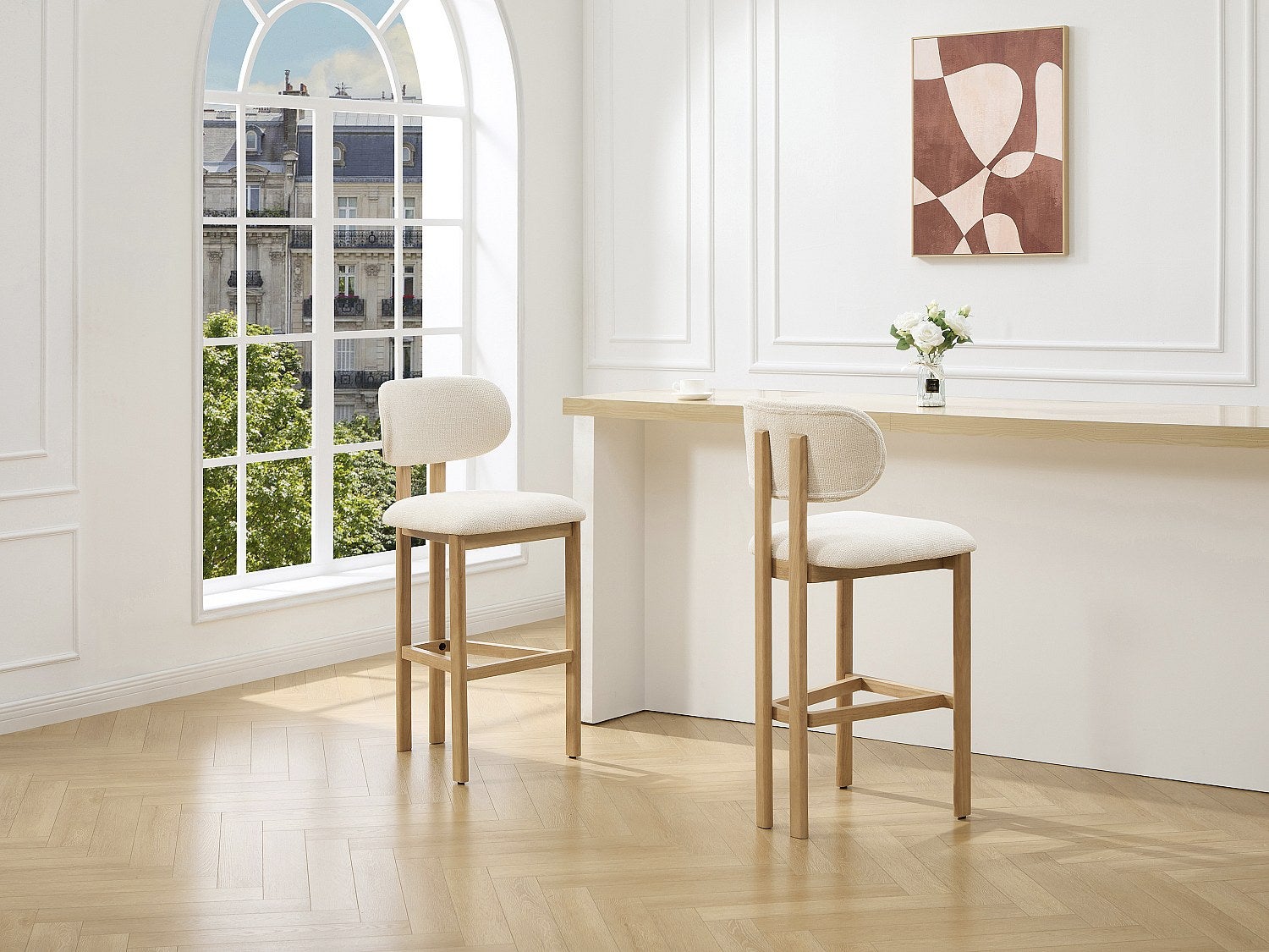 Zestaw 2 stołków barowych z teksturowanej tkaniny i drewna kauczukowca - Kremowy - YELAZ
