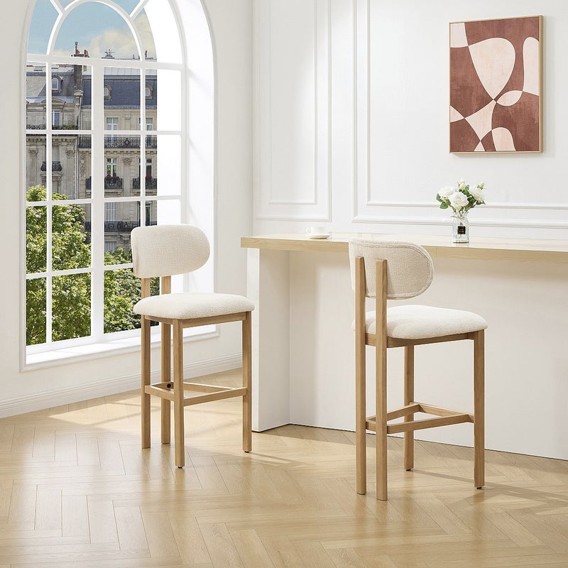 Zestaw 2 stołków barowych z teksturowanej tkaniny i drewna kauczukowca - Kremowy - YELAZ