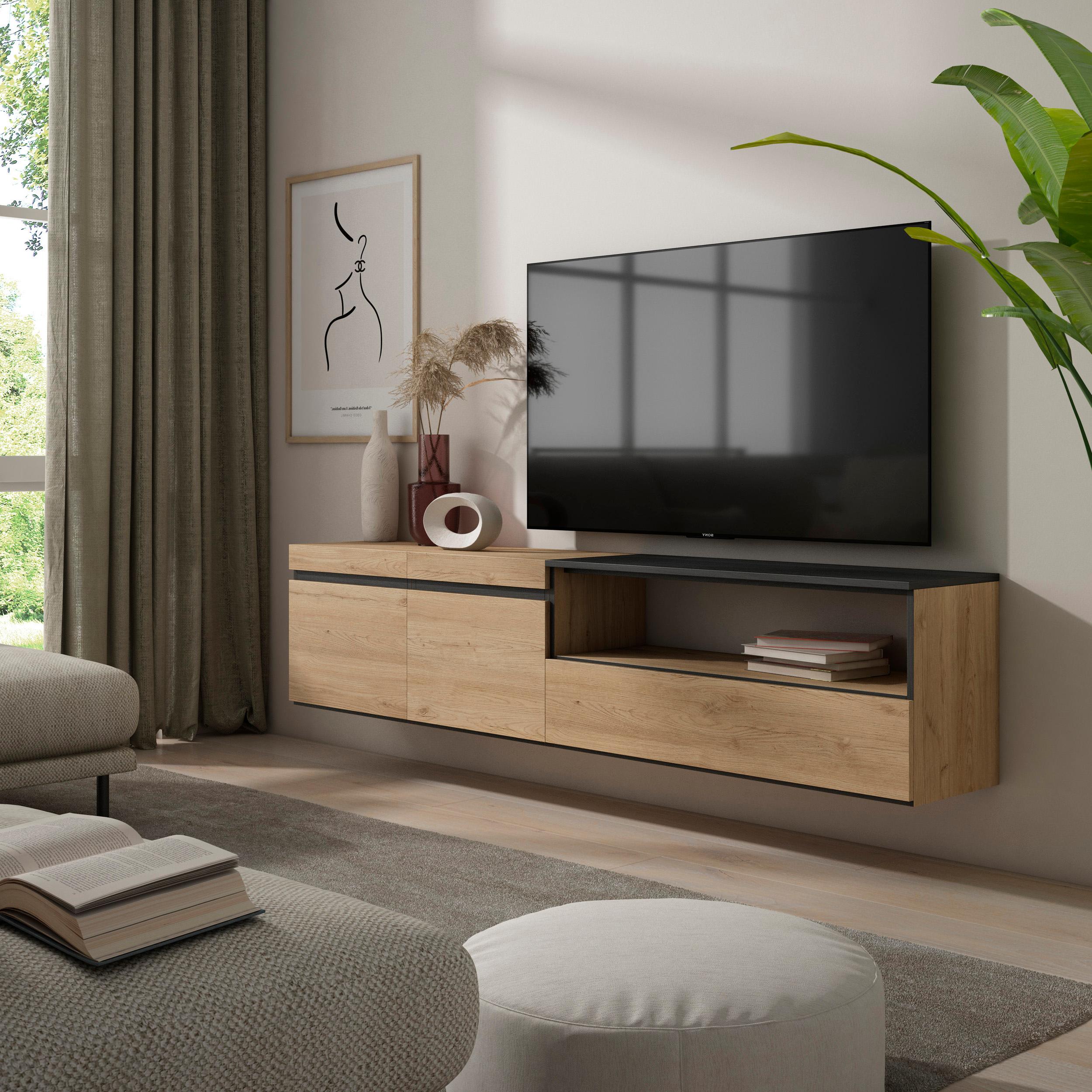 Mobile TV Soggiorno Skraut Home - Con Camino Elettrico LED, Bianco E Rovere, 200x45x35 Cm