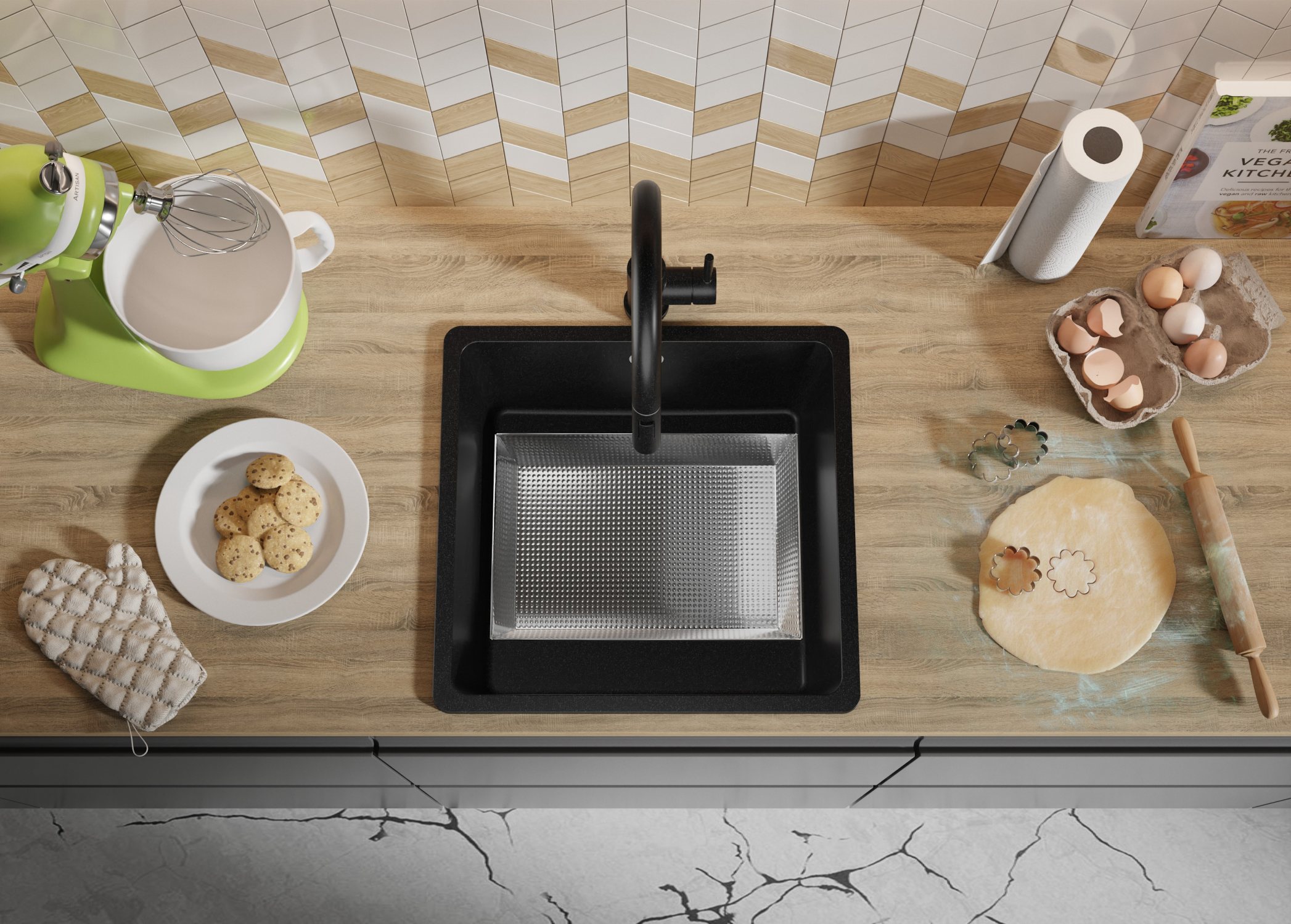 Evier Cuisine en Granit Noir 46x44cm, Lavabo 1 bac + Kit de Vidage, Évier à Encastrer au meuble 50cm - Venise Slim Easy PRIMAGRAN - 8