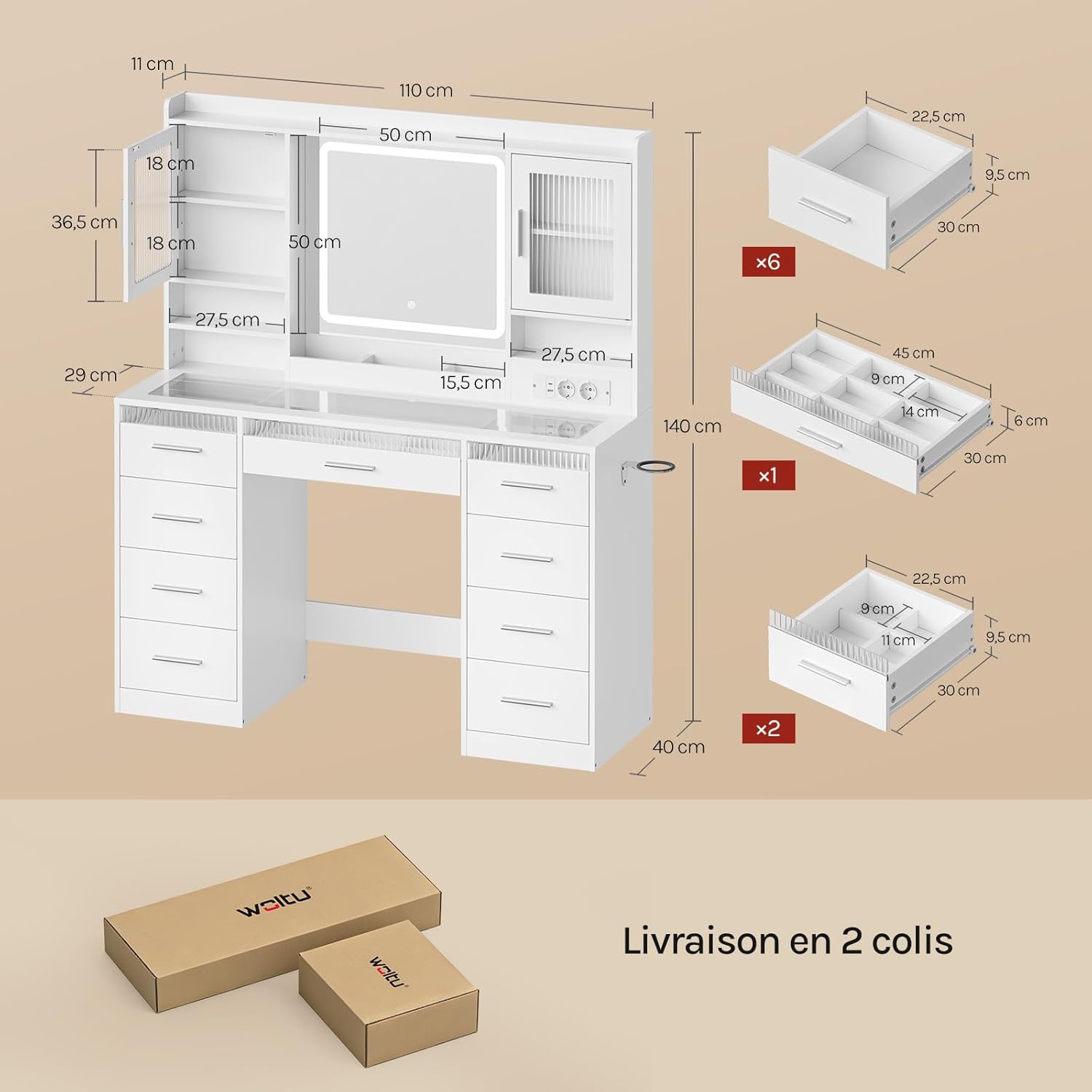 WOLTU Coiffeuse avec Plateau en Verre Miroir, Grande Coiffeuse avec LED Réglable, 9 Tiroirs, Prise de Courant, Blanc - 4