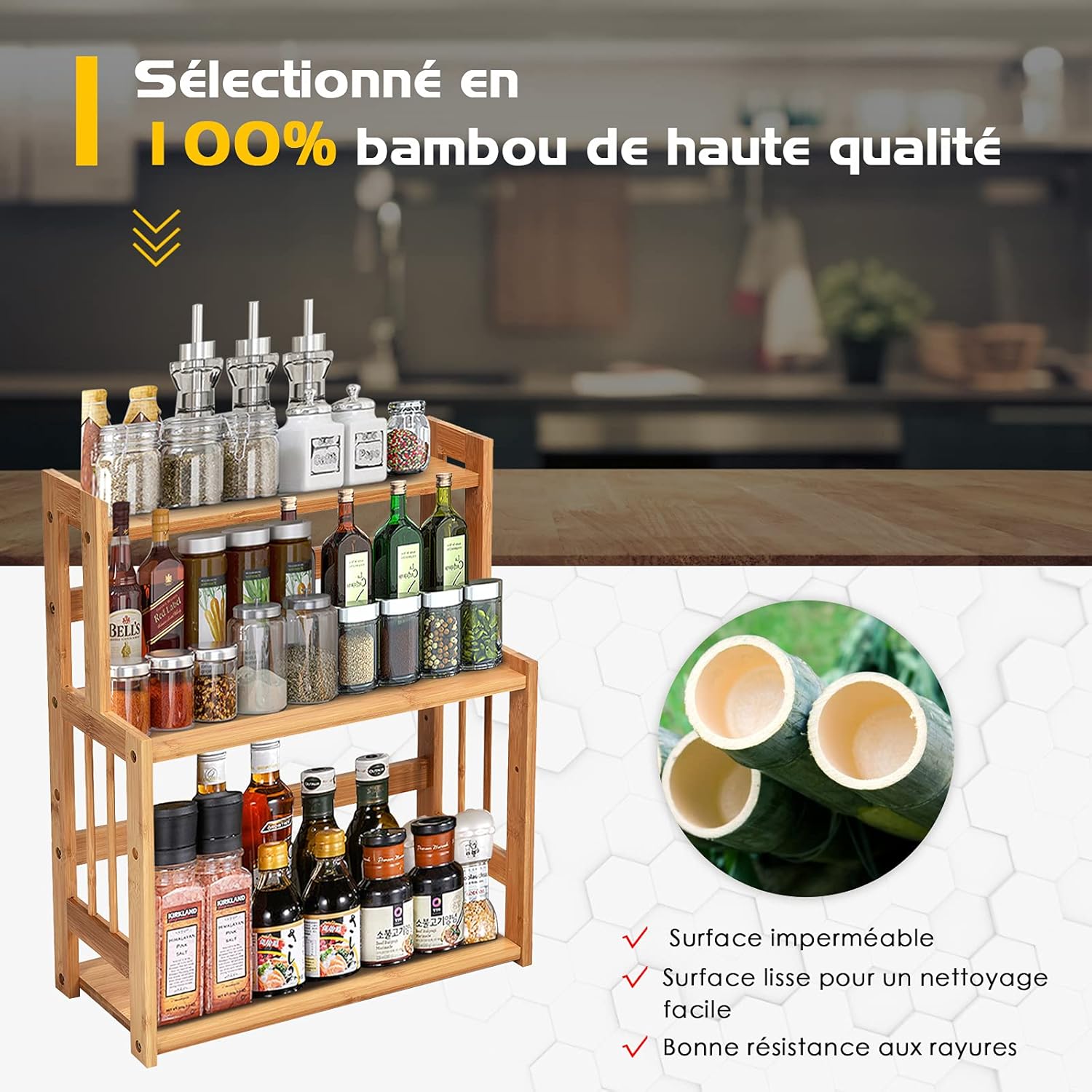 Étagère à Épices en Bambou Naturel, Porte-Épice à 3 Niveaux avec Tablette Réglable en Hauteur, Étagère de Rangement pour Cuisine, 41,5x18x50 CM - 2