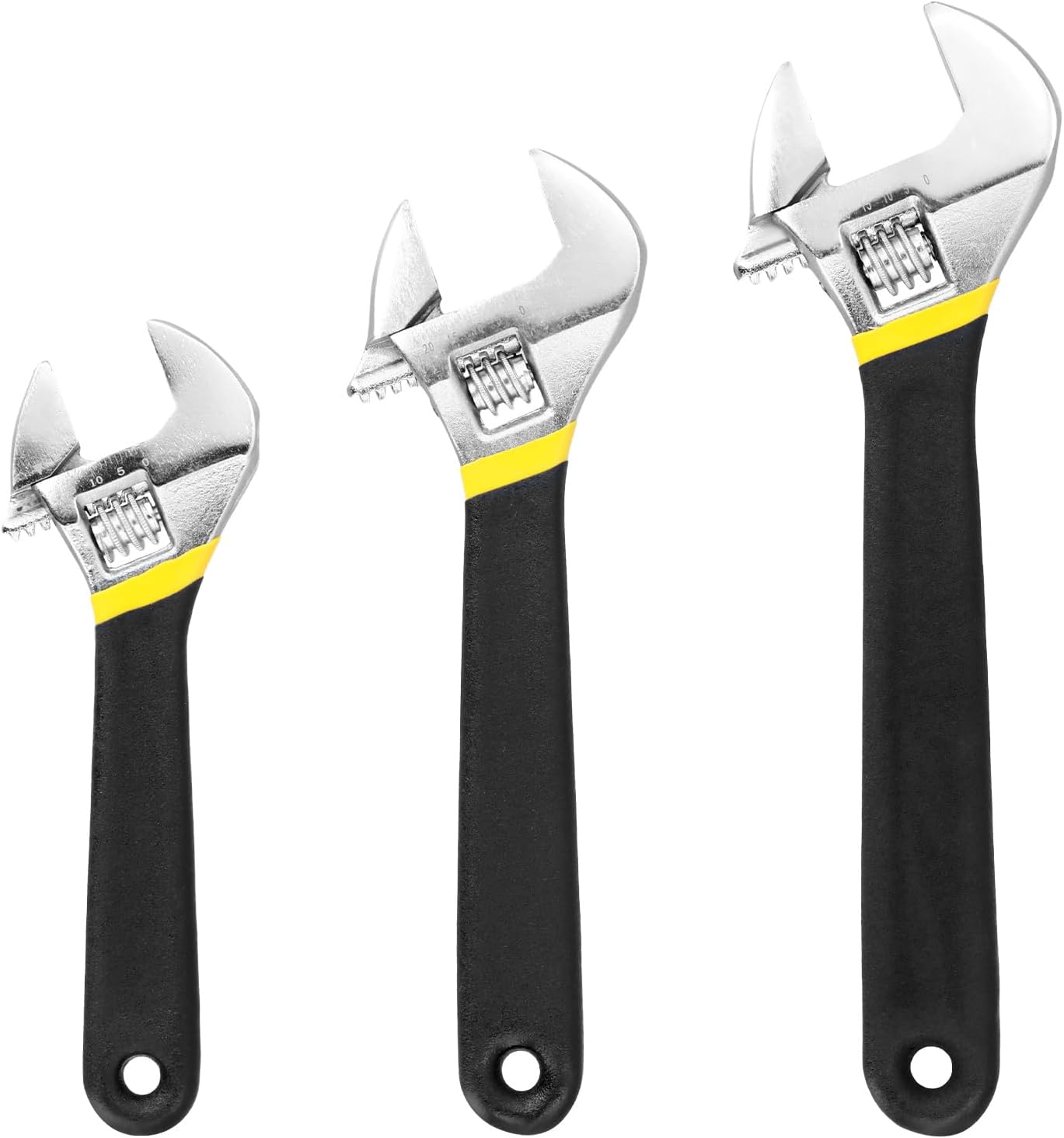 Zestaw 3 kluczy nastawnych – rozmiary 150 mm, 200 mm, 250 mm – duży otwór (20/25/30 mm) – stal stopowa, skala laserowa, ergonomiczny uchwyt antypośliz