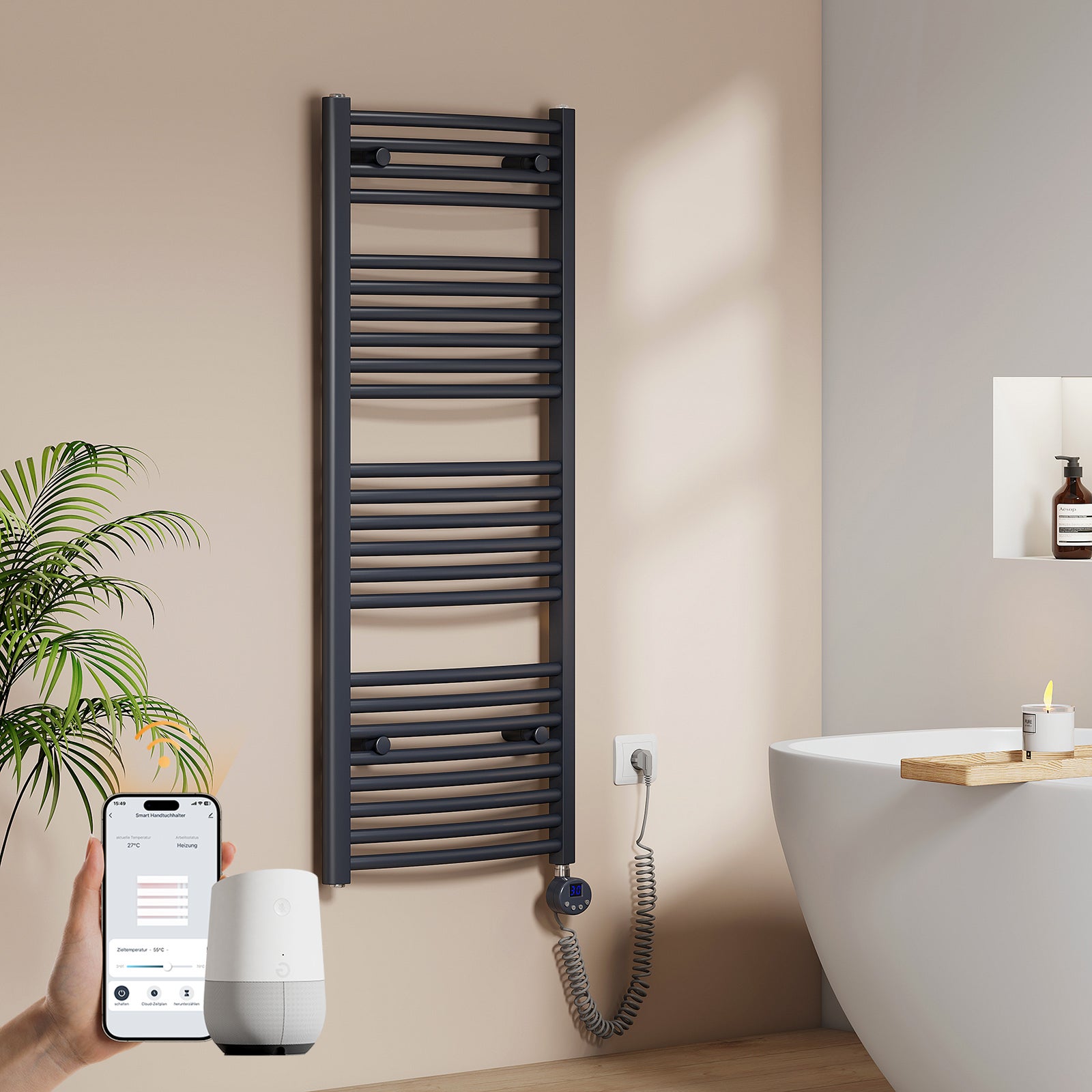 EMKE Grzejnik elektryczny łazienkowy Wygięta 120x50cm - Inteligentne Sterowanie z Programatorem Tygodniowym w Aplikacji - 500W - Matowy Antracyt