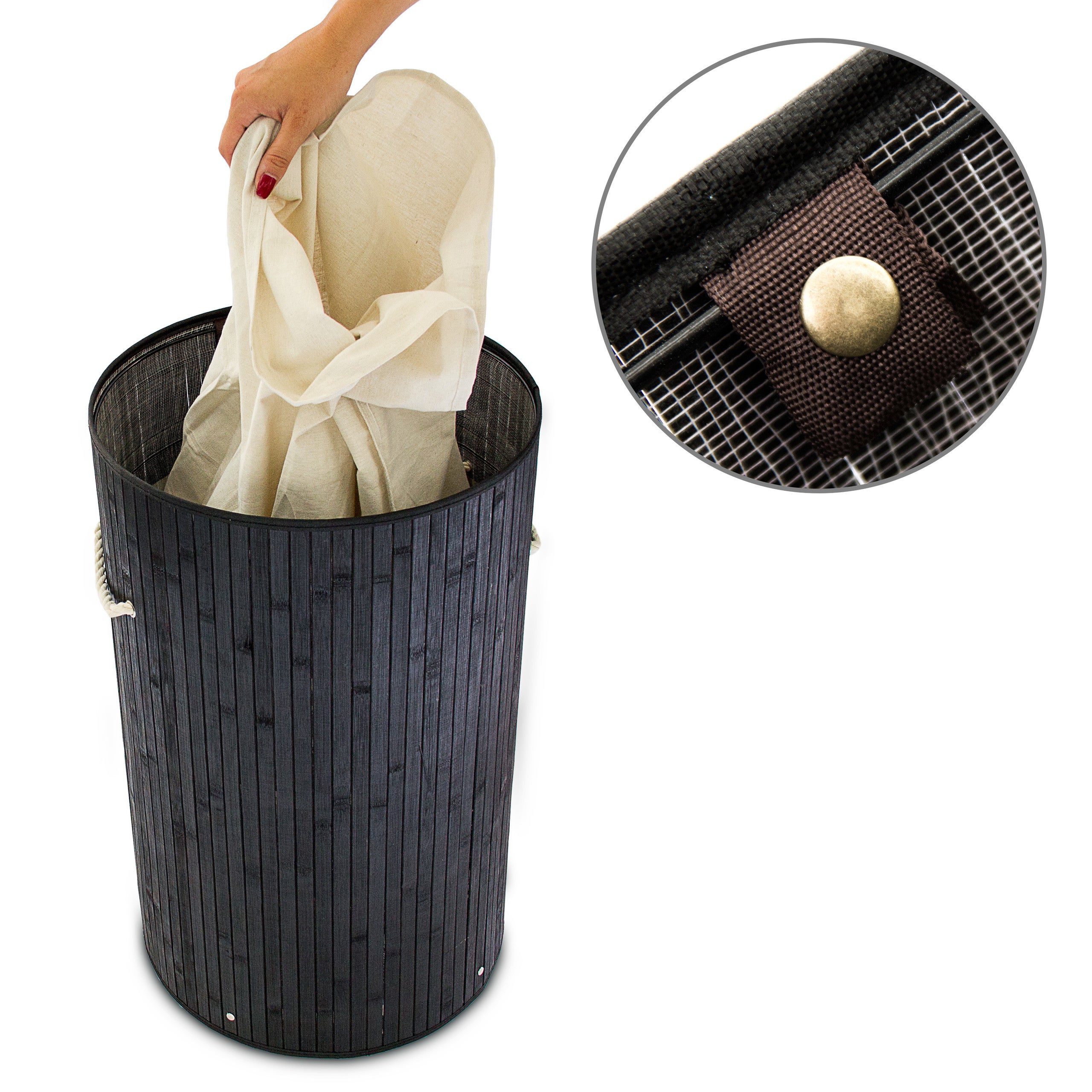 3x Panier à linge bambou, corbeille linge pliante, 70 L, sac intérieur coton, 65 x 49,5 x 37 cm, noir - 5