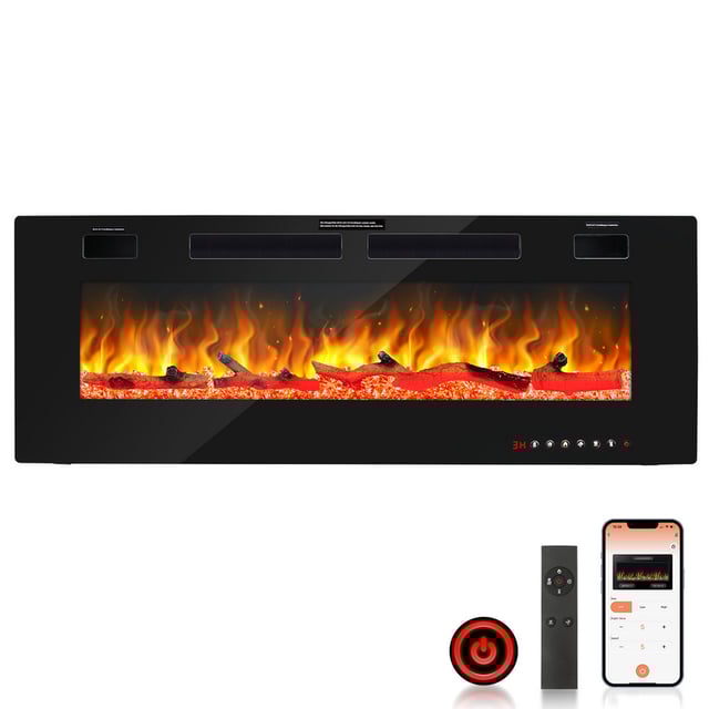 Cheminée Électrique Murale Noir avec 12 Couleurs de Flamme LED et 5 Niveaux de Luminosité – 750W/1500W