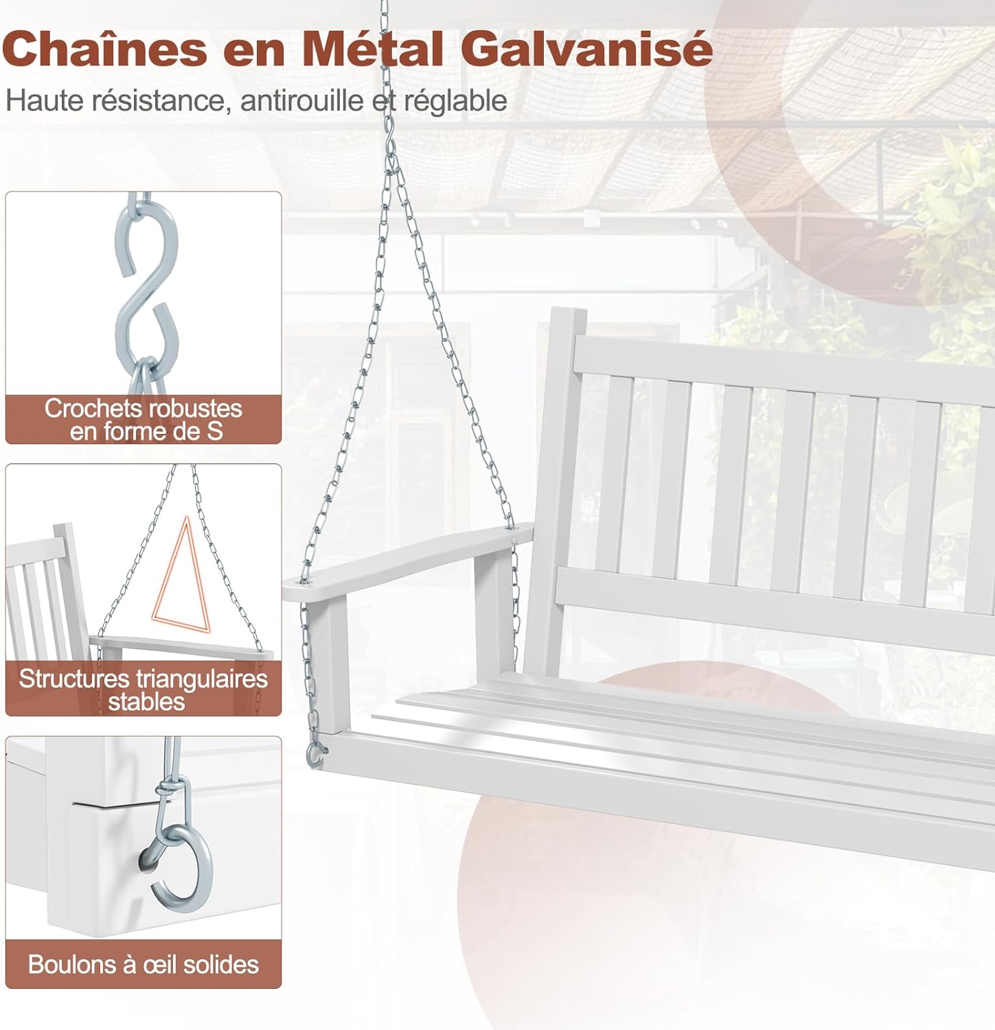 Balançelle Jardin 2/3 Places Extérieur, Chaise Hamac Siège Suspnedue en Bois avec Chaînes de Suspension Ajustables,230/360KG(168x65x63CM,Blanc) - 3