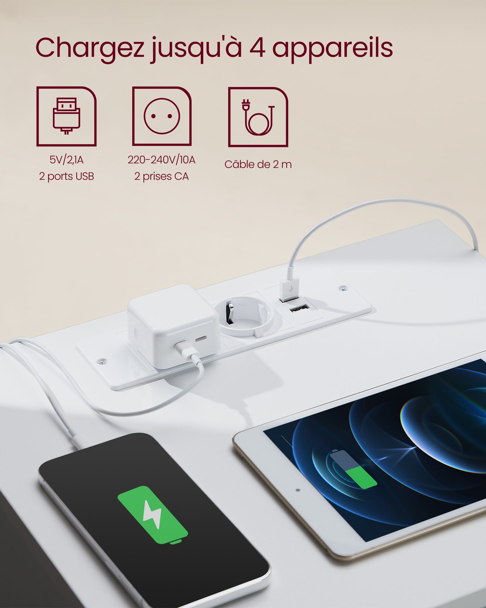 Table de Chevet avec Multiprise, Table d’Appoint avec 3 Tiroirs, 2 Prises CA, 2 Ports USB, Blanc Nuage - 3