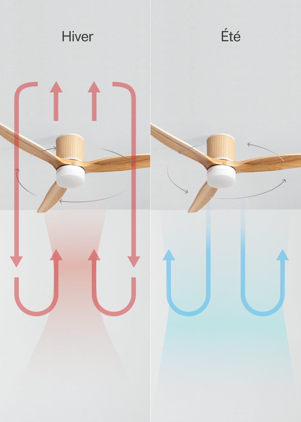 WIND CALM RATTAN M - Ventilador de teto 40W silencioso Ø132 cm com luz LED no corpo e lâmpada - Com luz - sem wifi - 3