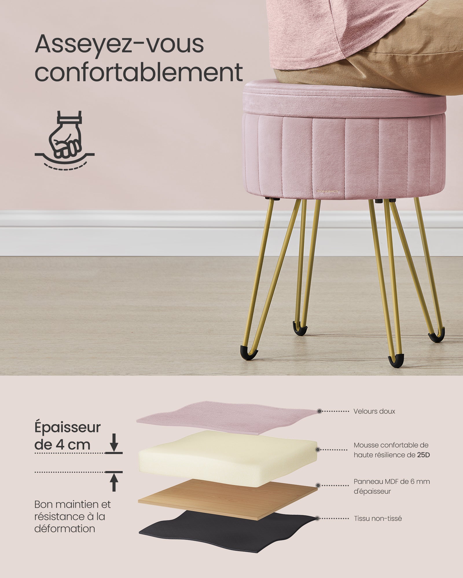 Tabouret Rangement, Siège Rond, Tabouret Coiffeuse, Pouf en Velours, Repose-pieds, 39 x 44,4 cm (Diamètre x H), 4 Pieds en Métal, Rose Bonbon - 3