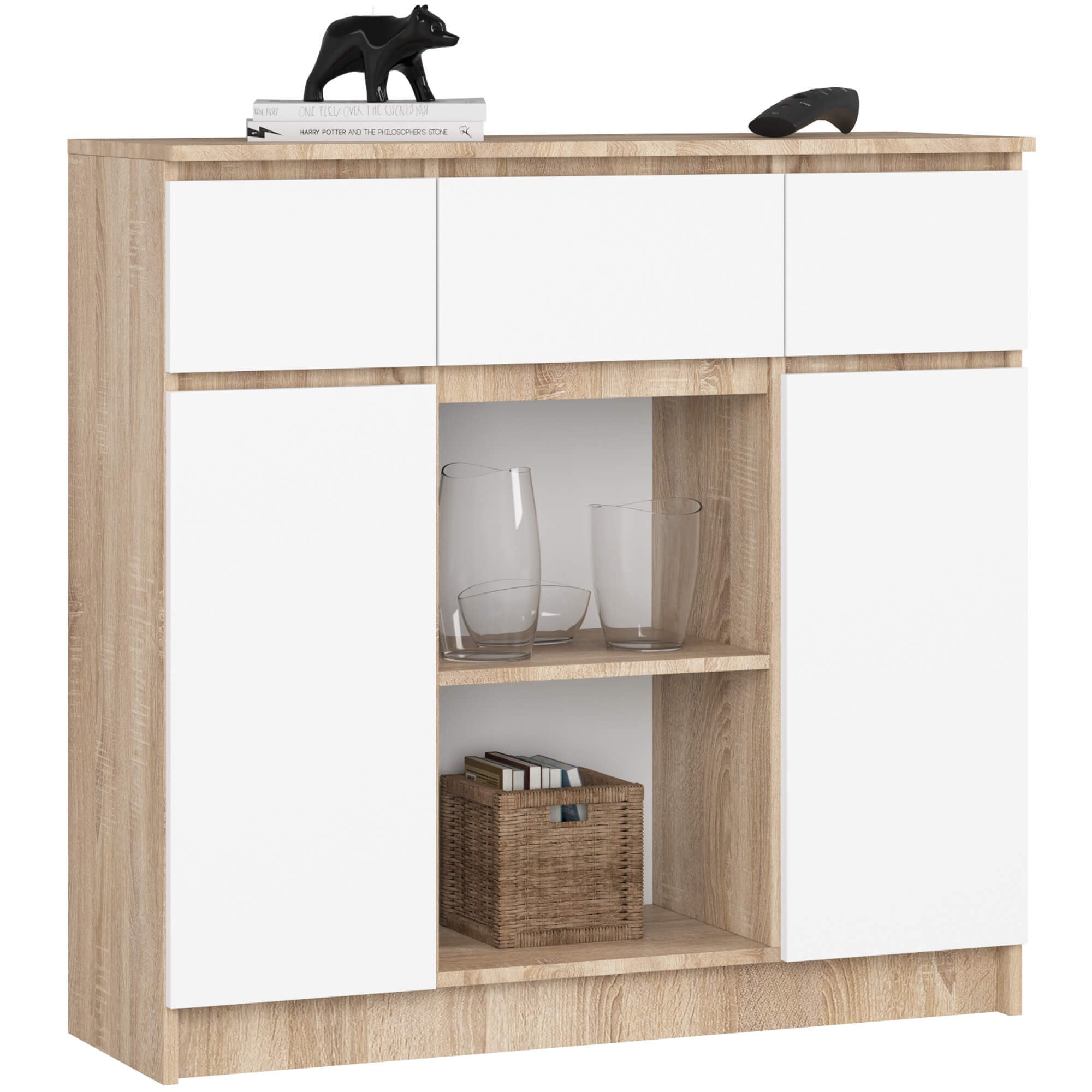 Komoda AKORD K100 kolor Dąb Sonoma, Biały mat 101 cm 2 drzwi 3 szuflady 4 półki 101x35x98 cm
