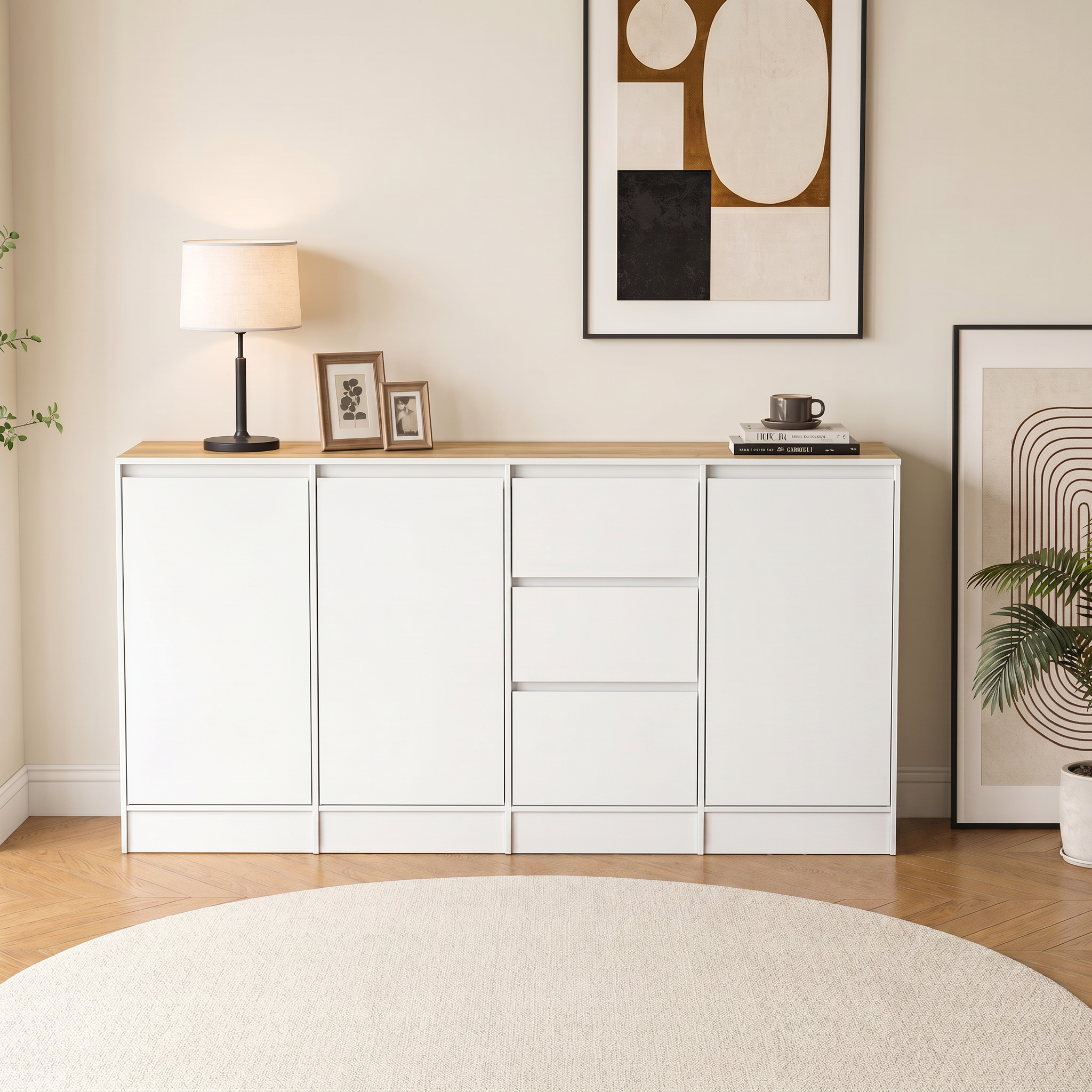 Buffet Bas avec 3 Portes et 3 Tiroirs pour Salon, Meuble de Rangement avec Plateau avec Aspect du bois, 180 x 35 x 80 cm, Blanc Mat - 2