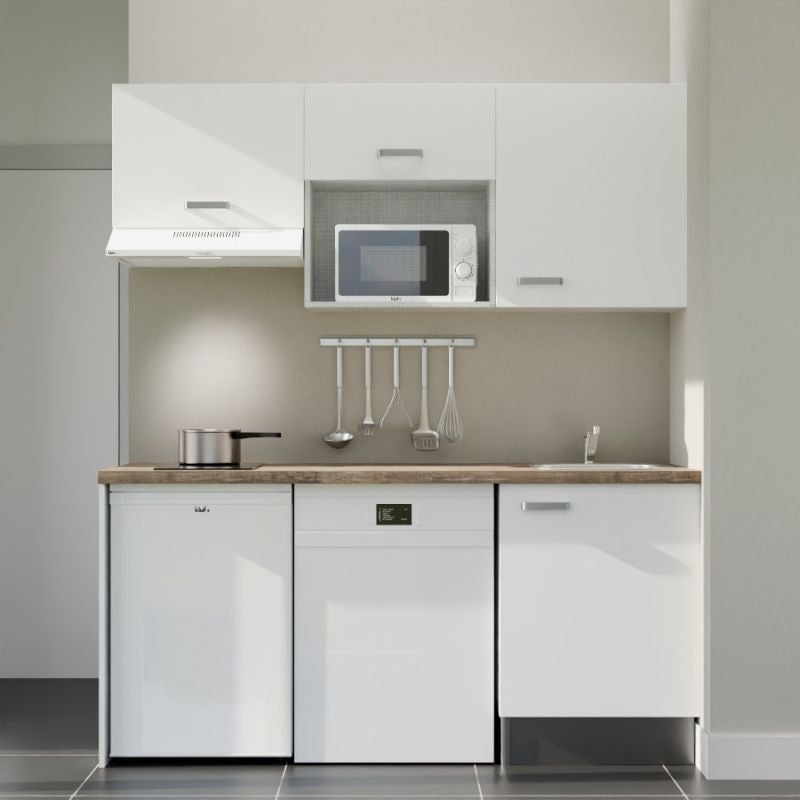 Kitchenette 180 cm modèle K55 - Façades Blanc - Plan de travail Bois - Crédences Non - Evier - 2