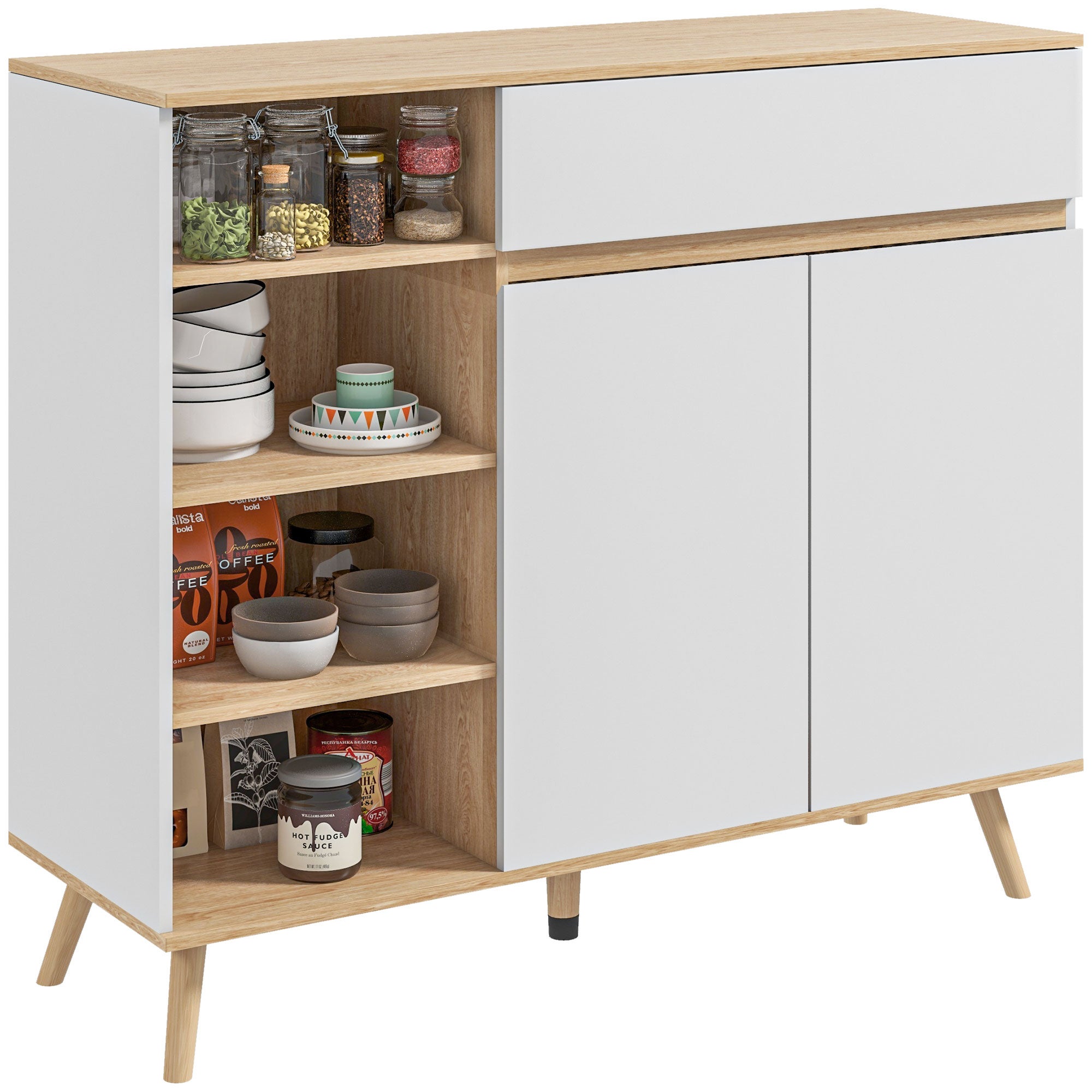 Buffet Cuisine Avec Multiprise & Casier à Vin - 107x40x80 Cm - Blanc - Rangement Modulaire & Étagères Réglables