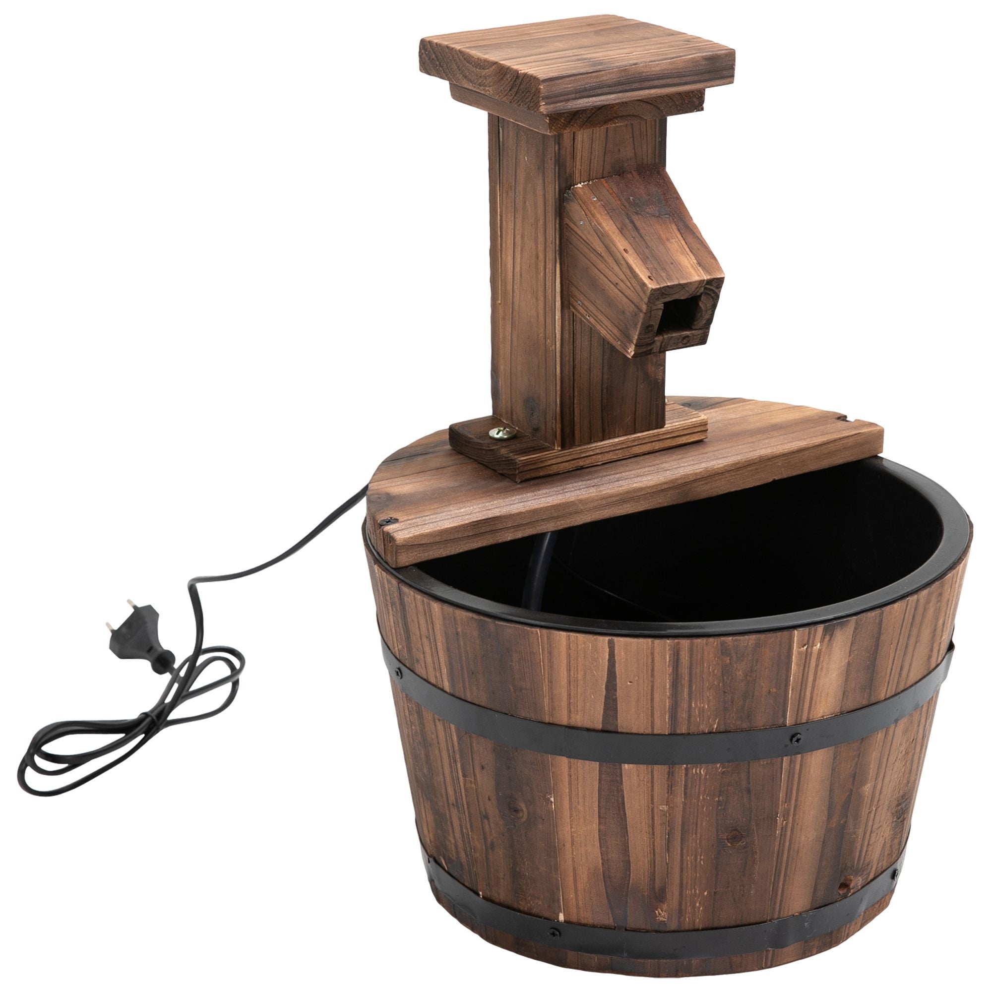 Fuente de jardín, fuente decorativa, fuente de barril, cascada con cubo de madera de abeto y metal, marrón oscuro, ø27 x 37 cm