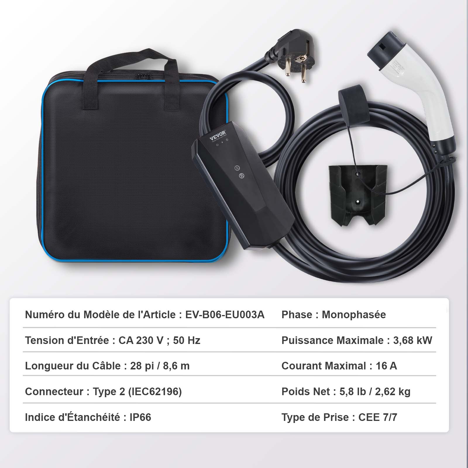 Carregador EV Portátil VEVOR Tipo 2 16 A 3,7 kW Cabo 8,6 m Tomada CEE 7/7 Estação de Carregamento IEC62196 IP66 à Prova d’Água com Bolsa e Gancho - 7